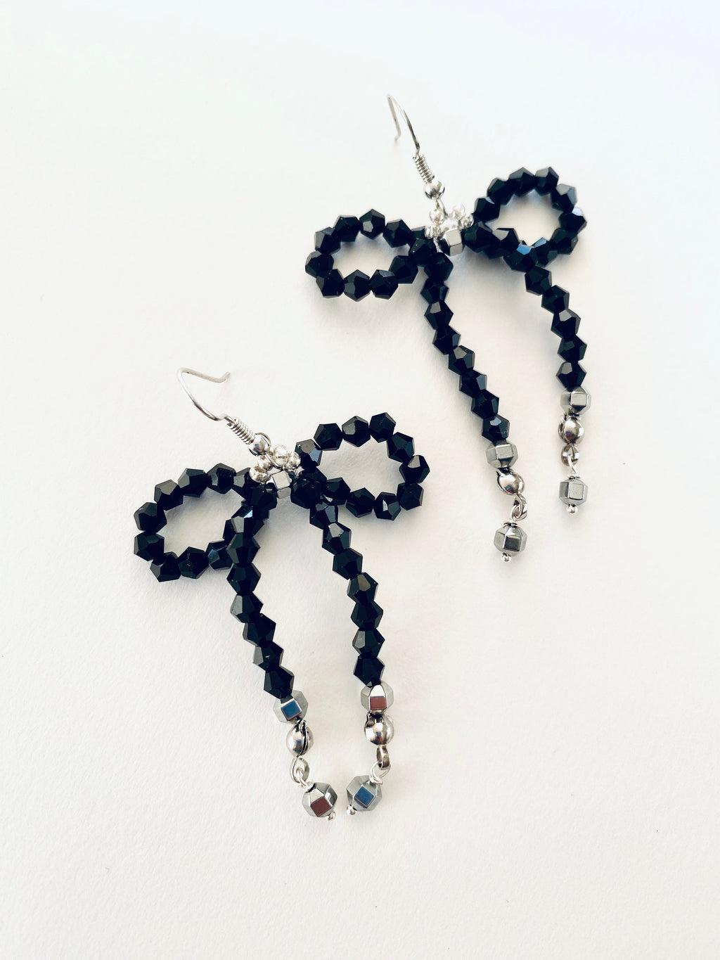 Black Crystal Bow Earrings, Silver Plated Hooks, Beaded Festive Jewelry