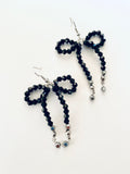 Black Crystal Bow Earrings, Silver Plated Hooks, Beaded Festive Jewelry