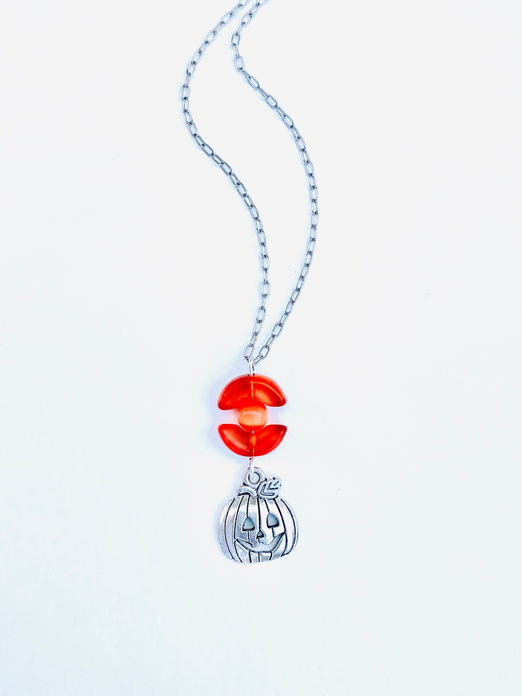 Festive Halloween Pumpkin Pendant Necklace, Orange Beads, Silver Plated Chain