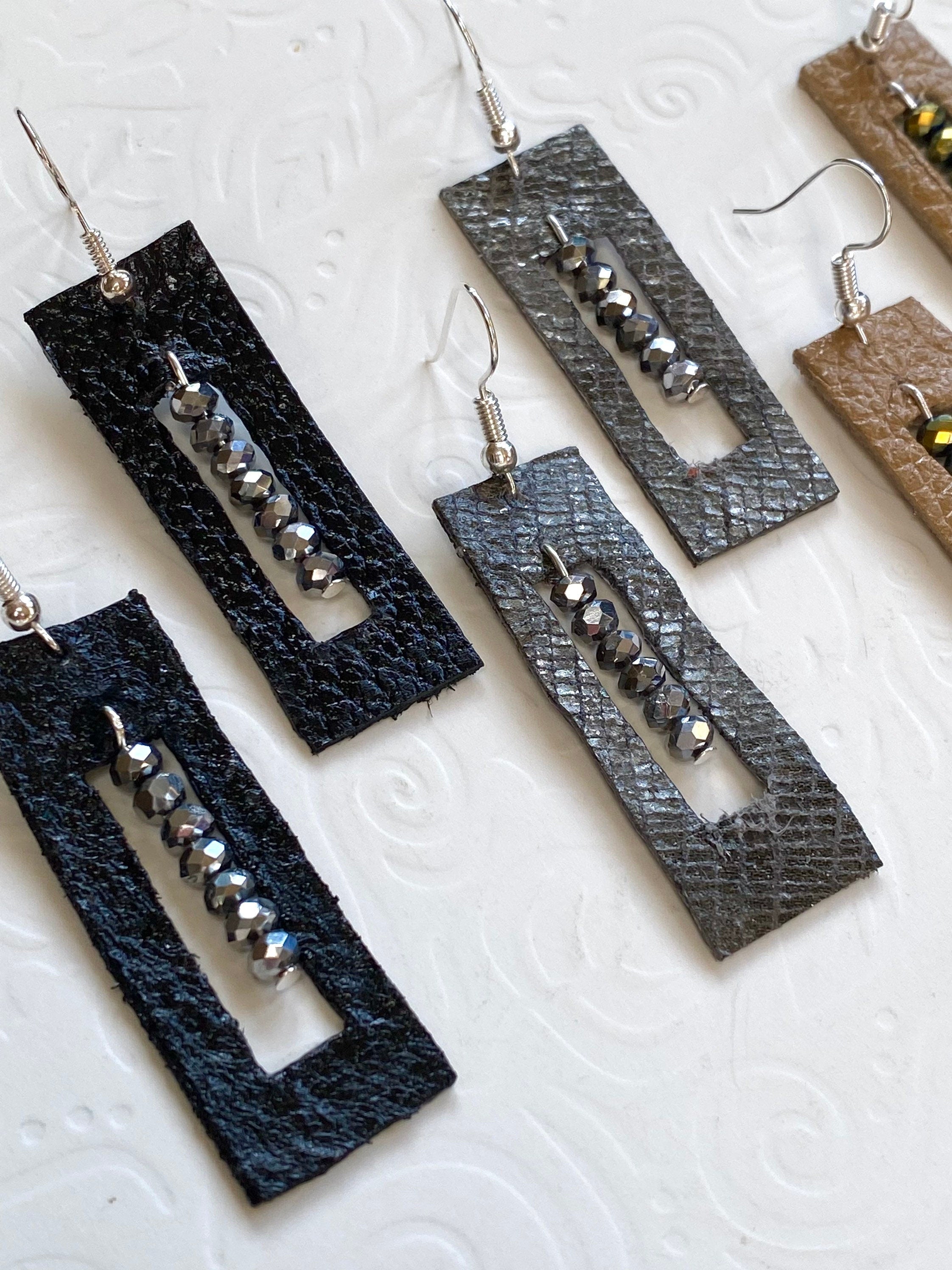 Rectangular Leather Earrings, Crystal Beaded, Handmade