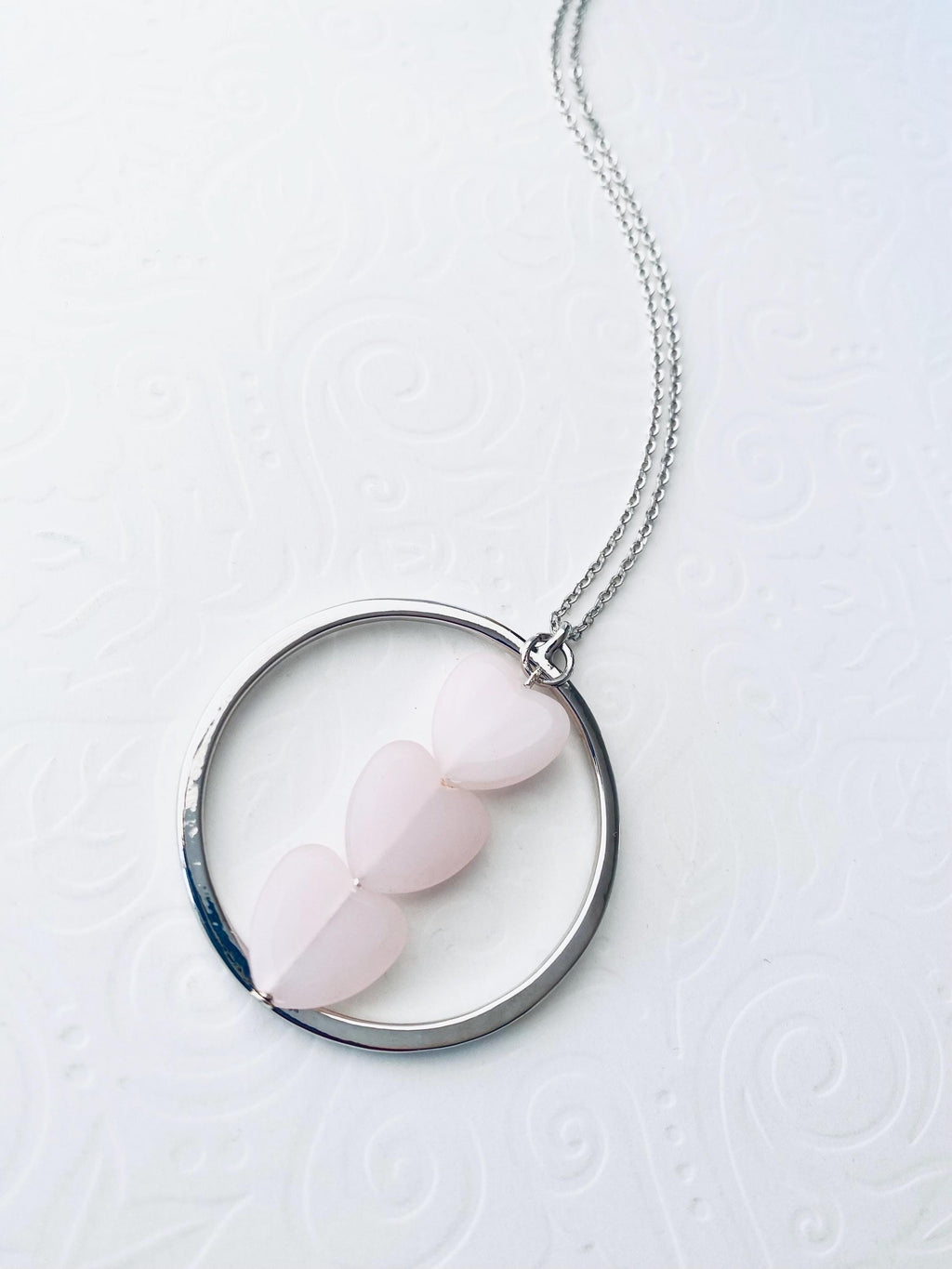 Pink Glass Heart Pendant Necklace, Silver Plated Chain, 30 Inch