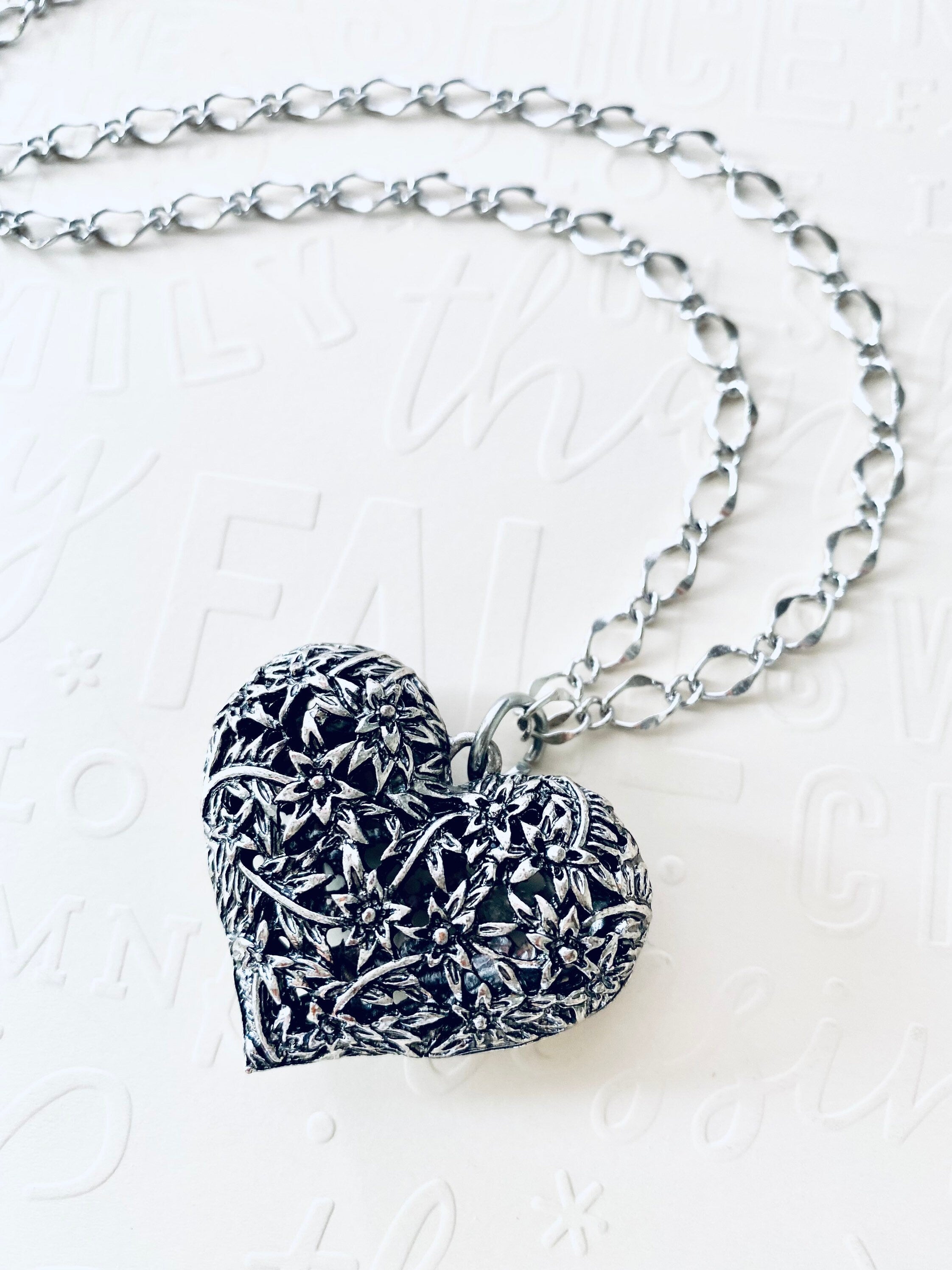 Flower Filigree Heart Pendant Necklace, Silver Plated Chain