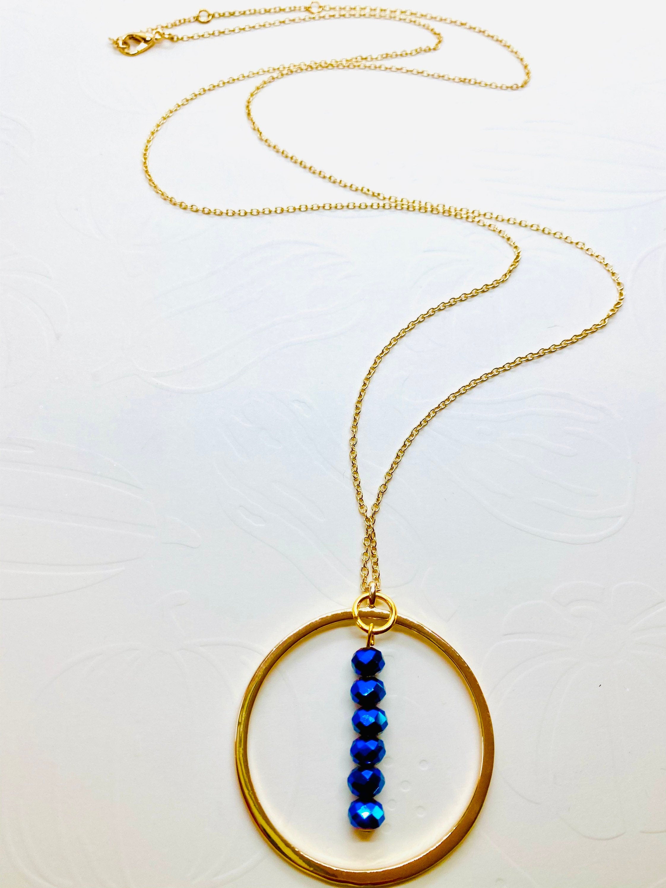 Electric Blue Beaded Pendant Necklace, Gold Plated Chain (30 inch)