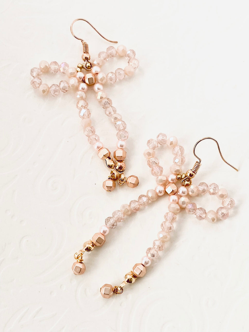 Handmade Cream Crystal Bow Earrings, Festive Gold Hooks