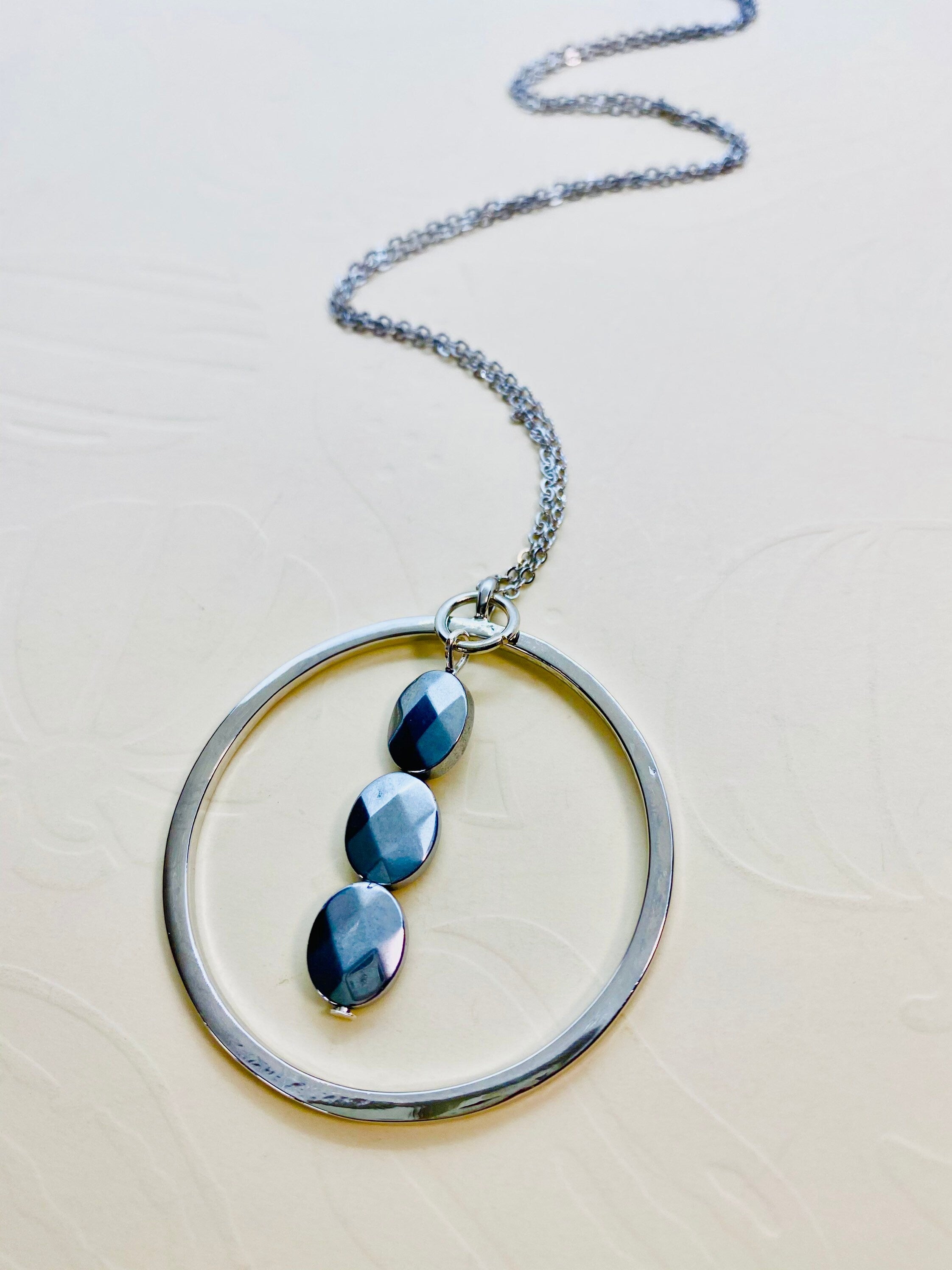 Silver Plated Circular Pendant Necklace, Faceted Bead Accent, 30 Inch