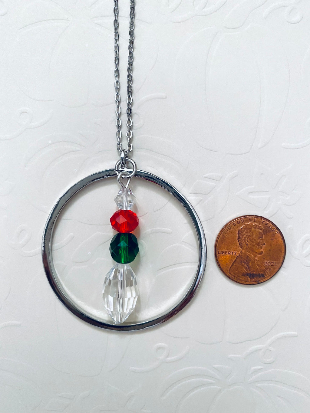 Festive Circular Pendant Necklace, Red Green Crystal Beads, 30 inch Silver Chain