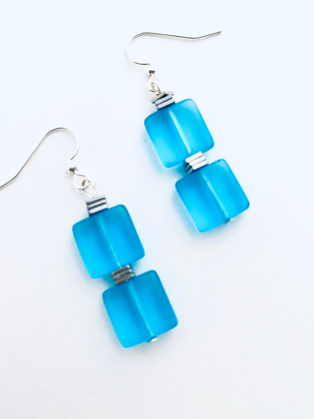 Blue Sea Glass Earrings, Silver Accents, Sleek Square Drop