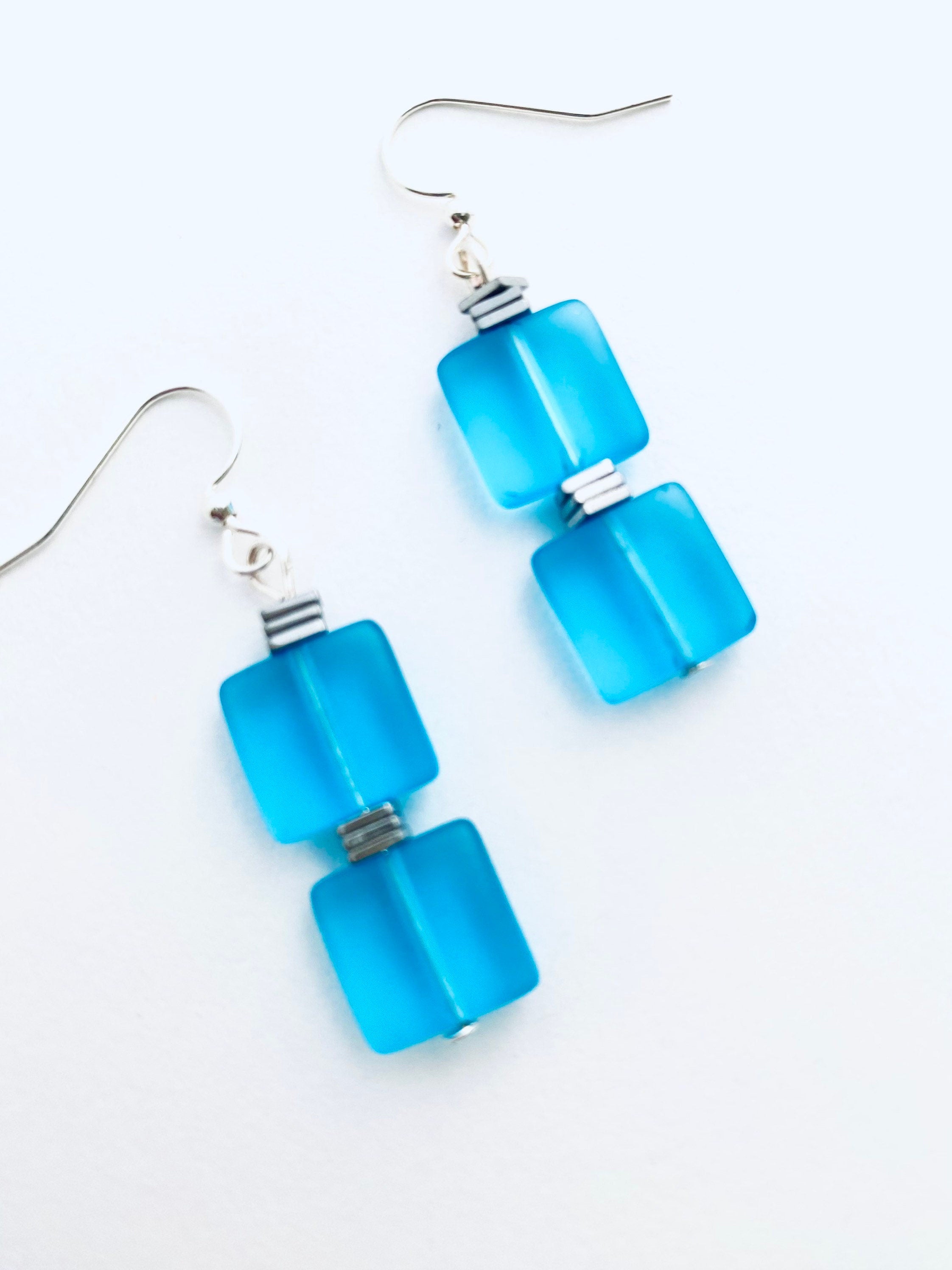 Blue Sea Glass Earrings, Silver Accents, Sleek Square Drop