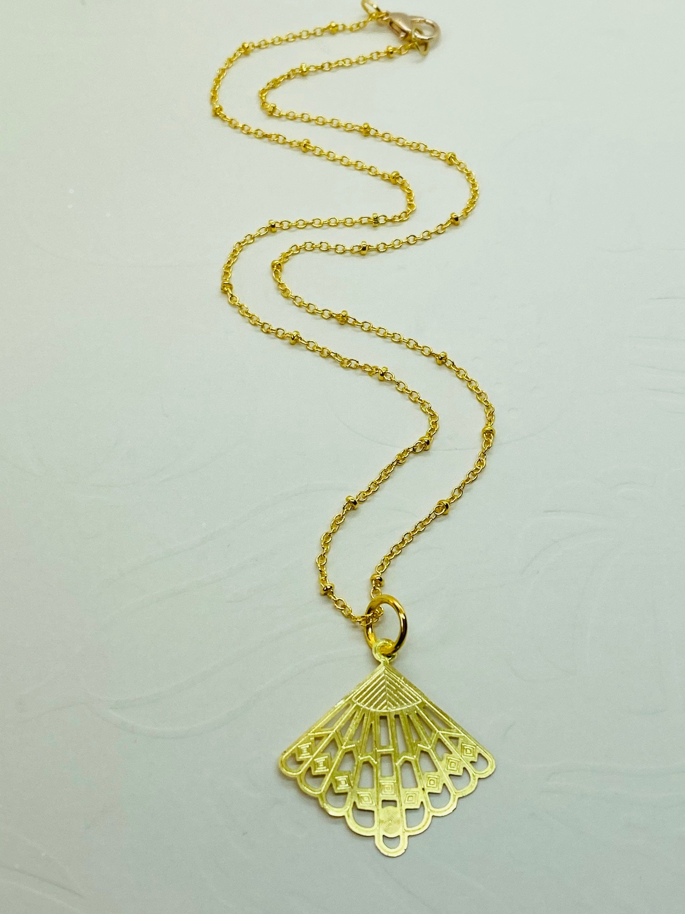 Gold Plated Filigree Fan Necklace, Elegant Gift for Her