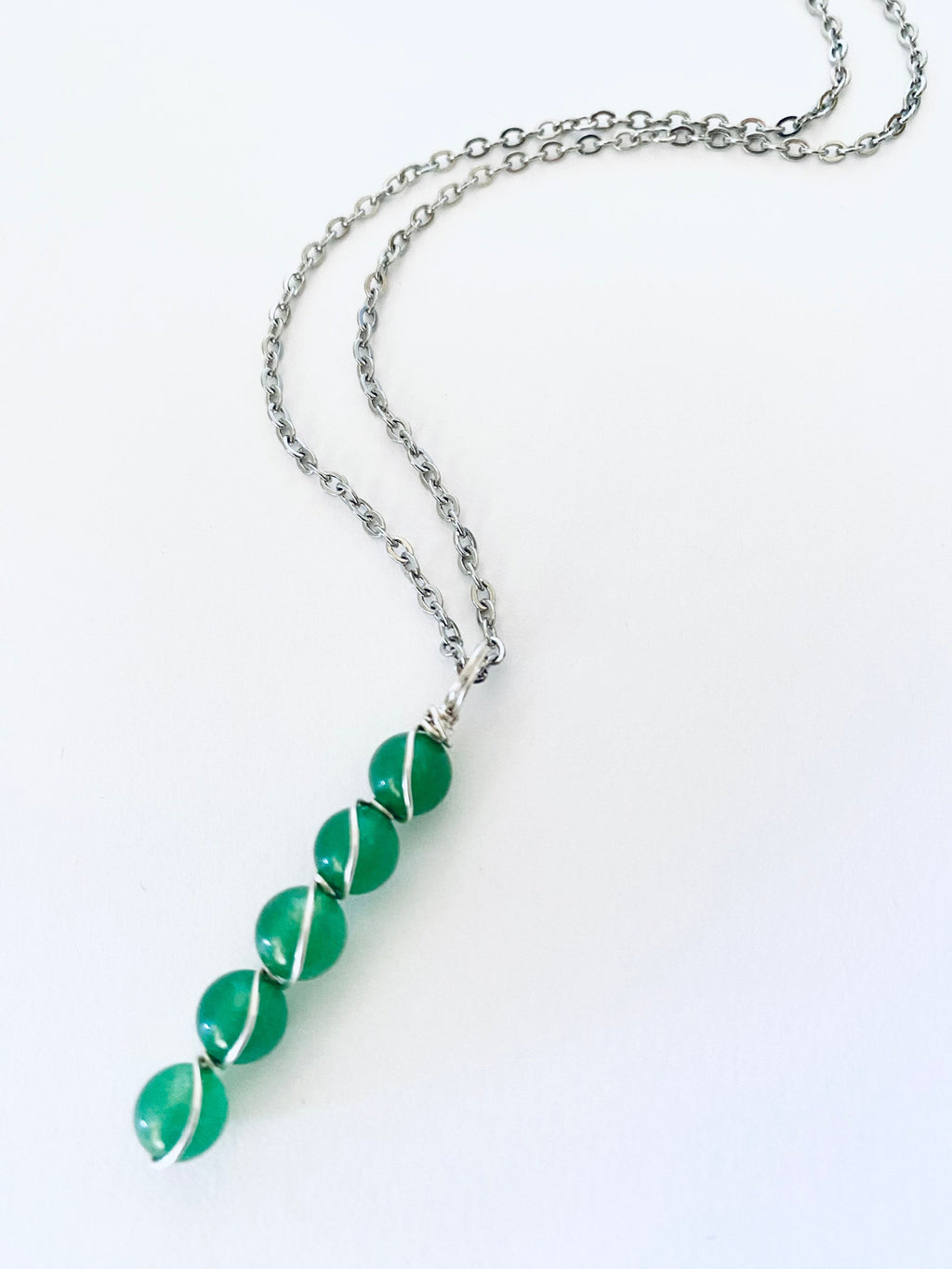 Green Jade Gemstone Necklace, Sterling Silver Wire Wrapped, Spiritual Jewelry