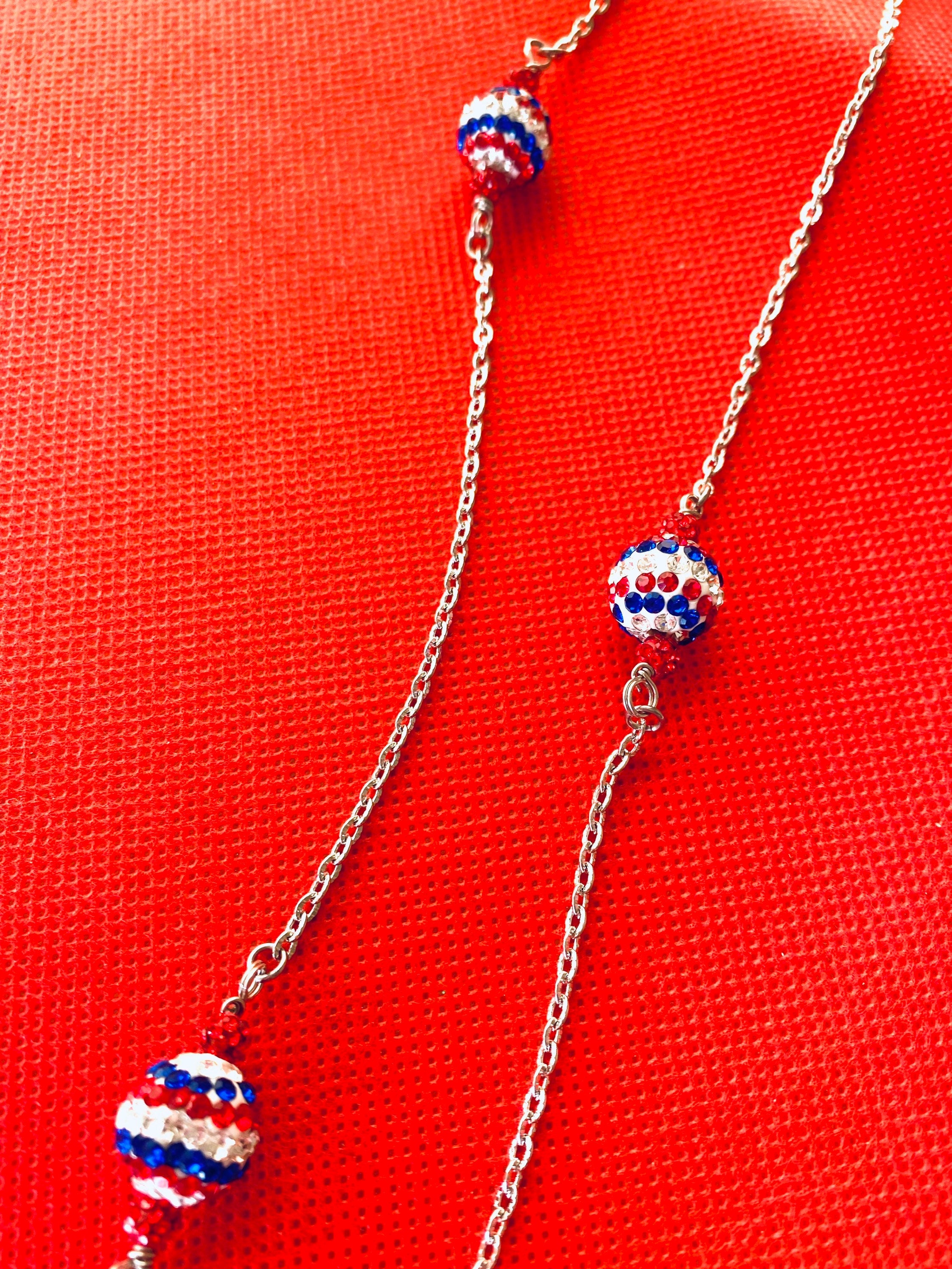 Handmade 4th of July Rhinestone Necklace, Red White and Blue Silver Chain