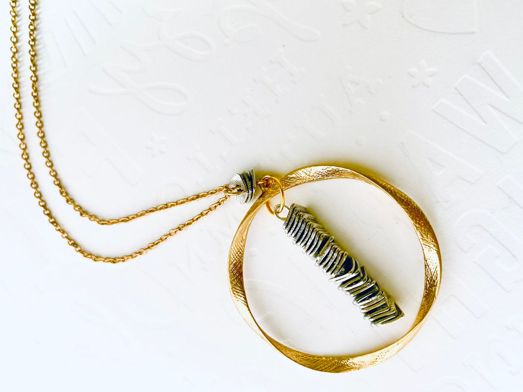 Gold Plated Circular Pendant Necklace with Silver Beads, 30 Inch