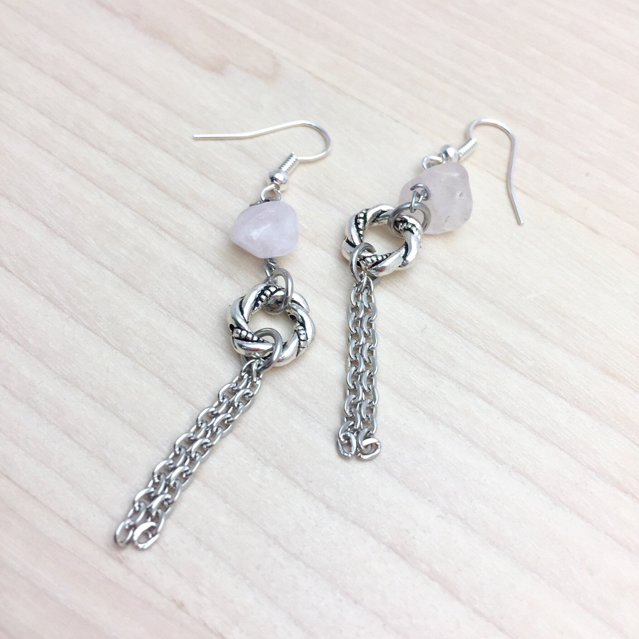 Rose Quartz Dangle Earrings, Silver Plated Chain, Lightweight