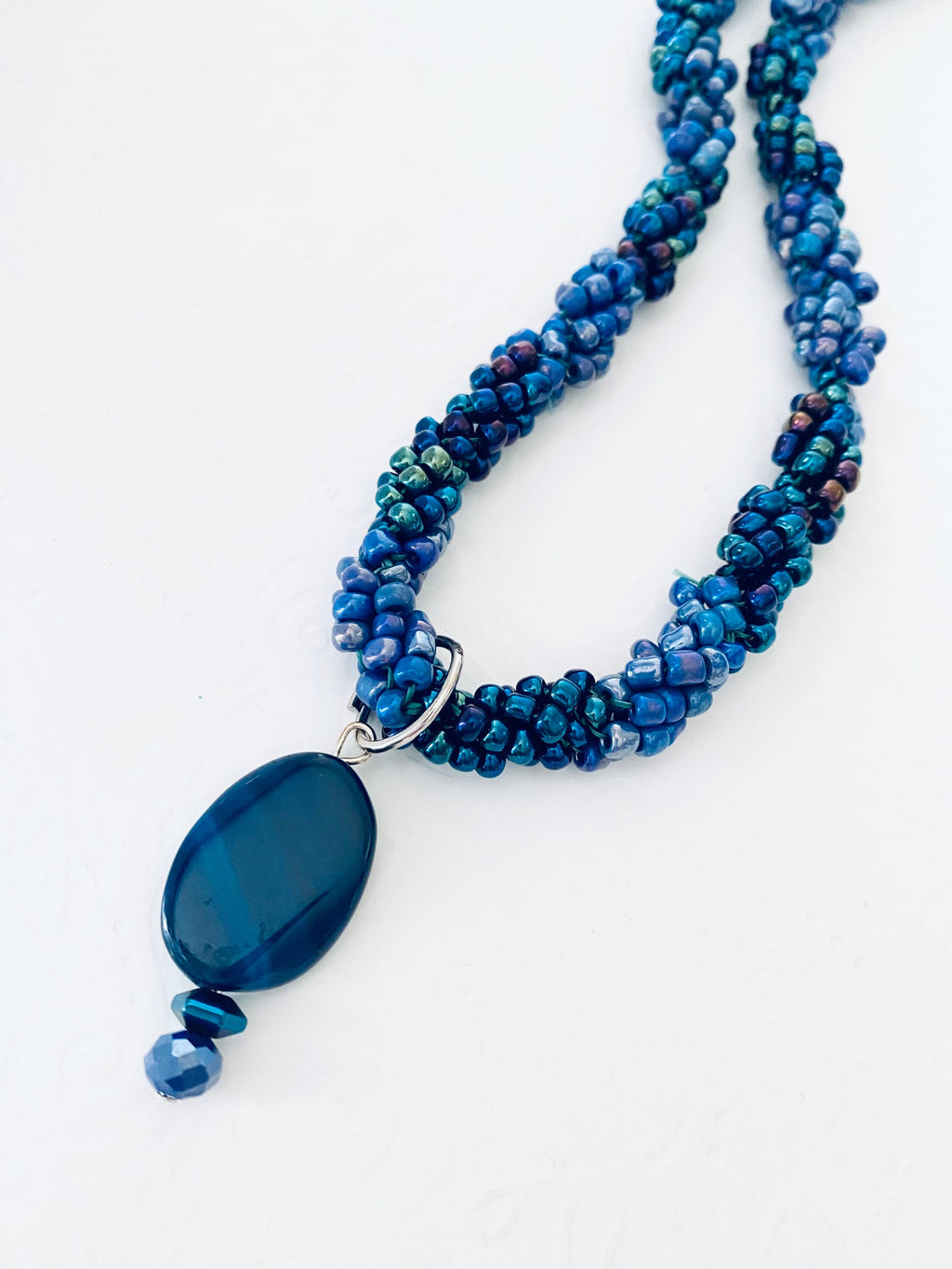 Iridescent Blue Beaded Spiral Necklace, Handmade Elegant Pendant