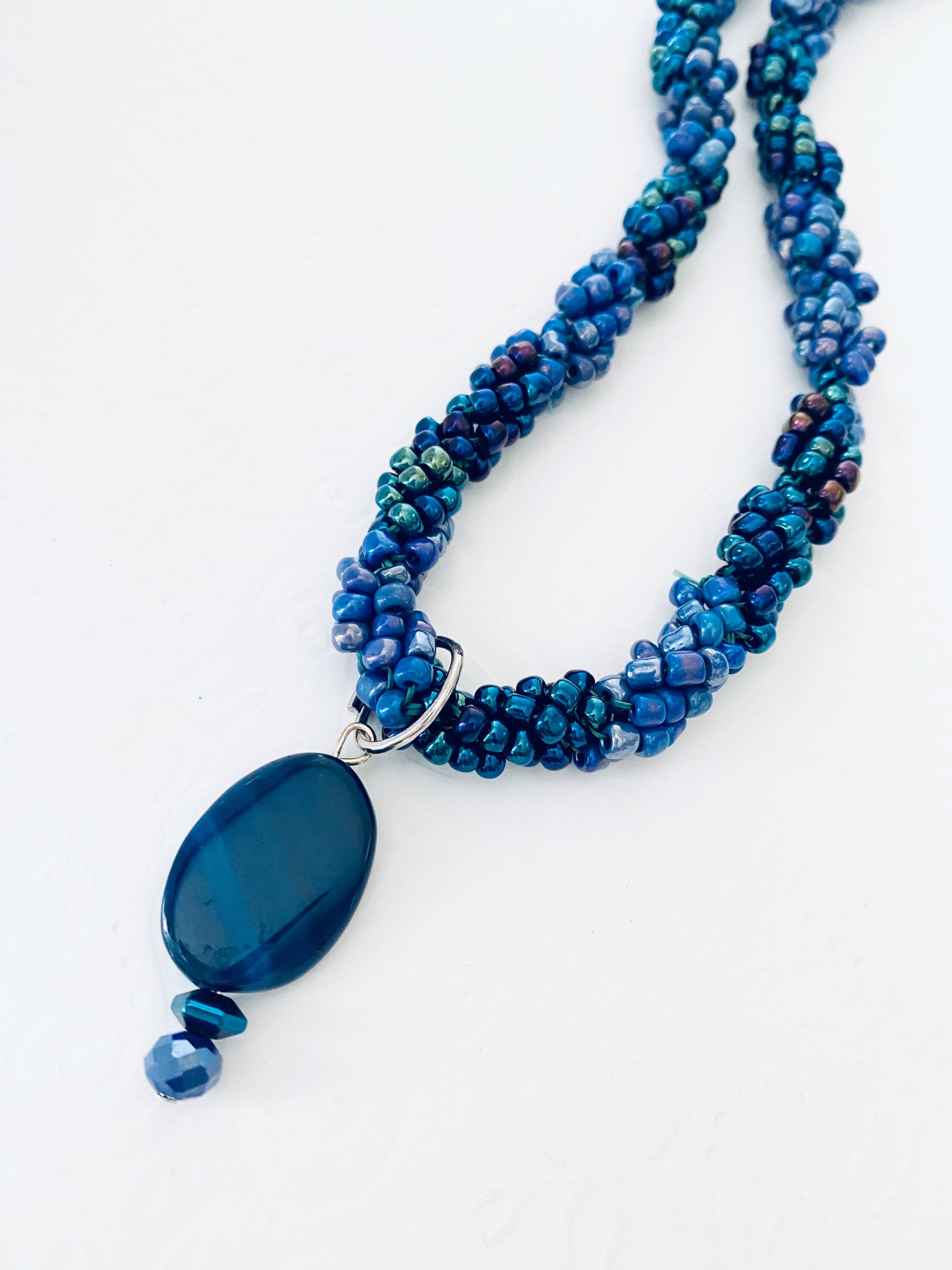 Iridescent Blue Beaded Spiral Necklace, Handmade Elegant Pendant