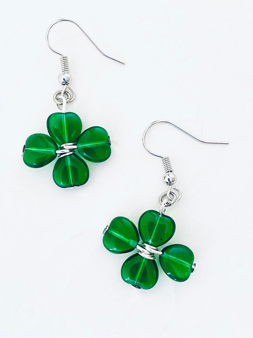 St. Patrick's Day Clover Earrings, Green Heart Beads, Irish Gift