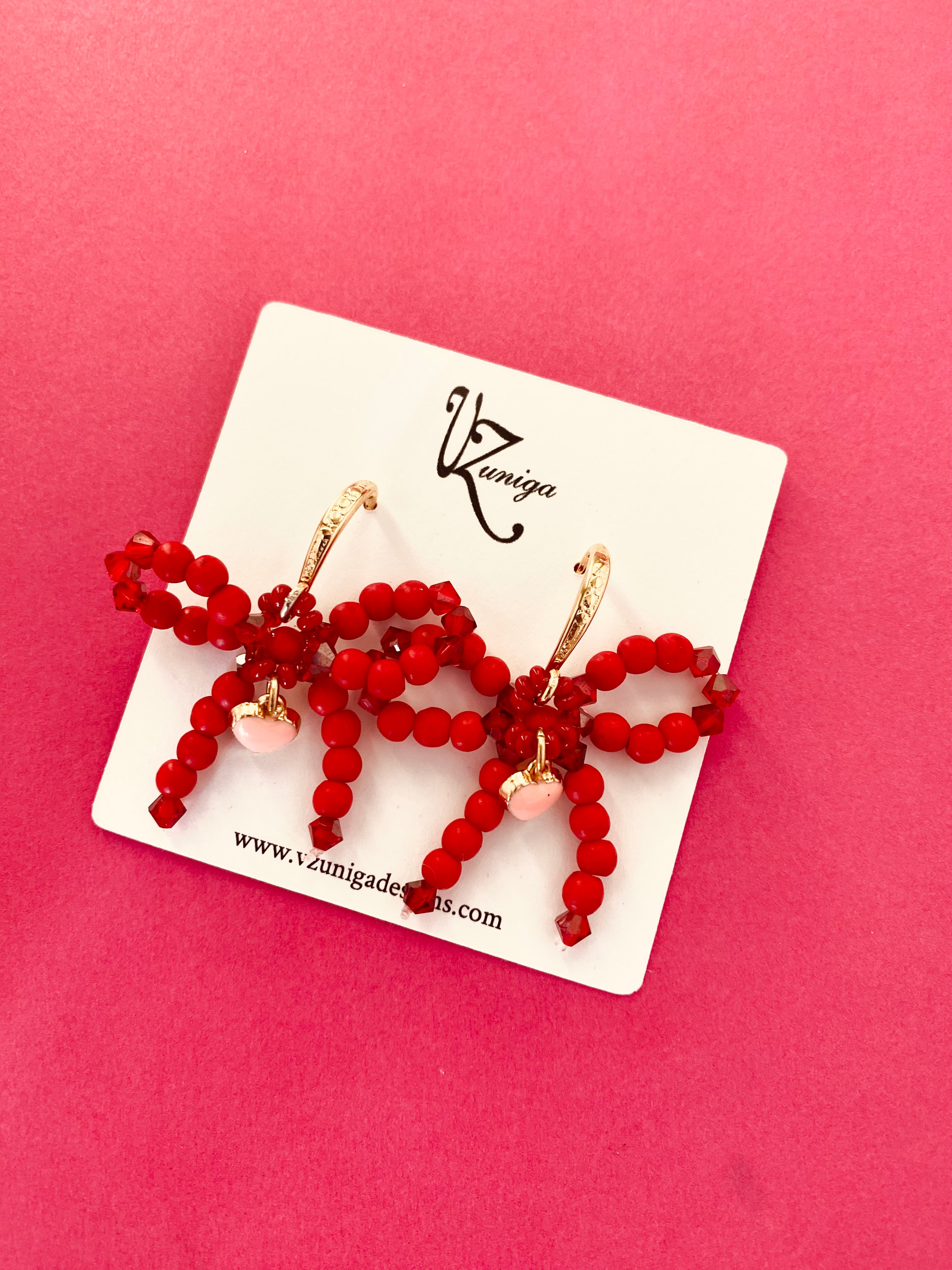 Red Beaded Bow Earrings Handmade in Chicago
