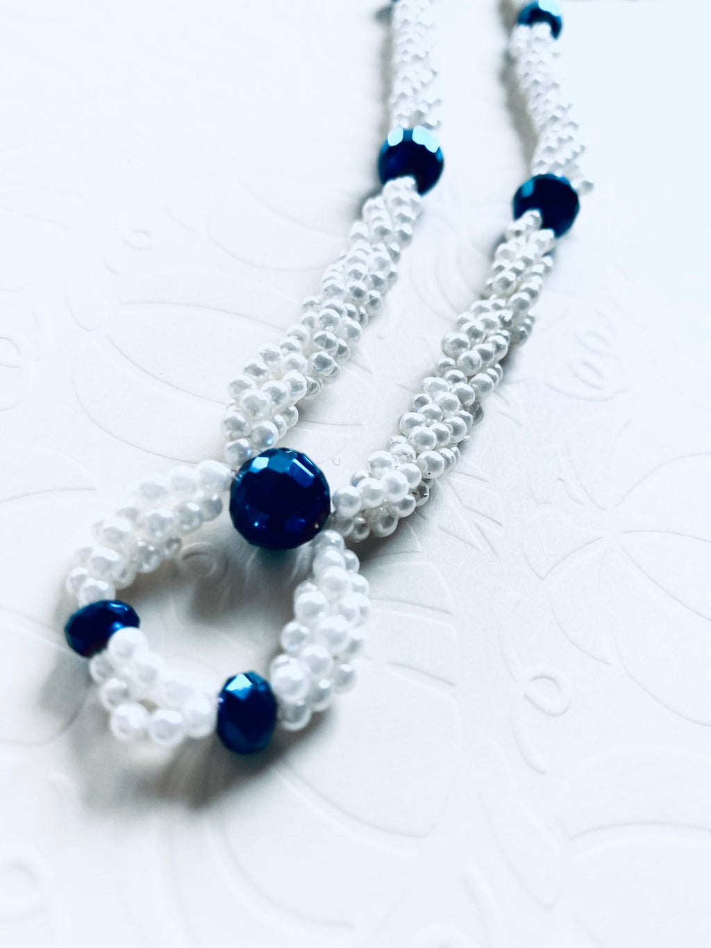 Spiral Beaded Necklace, Iridescent Blue, White Pearl Acrylic