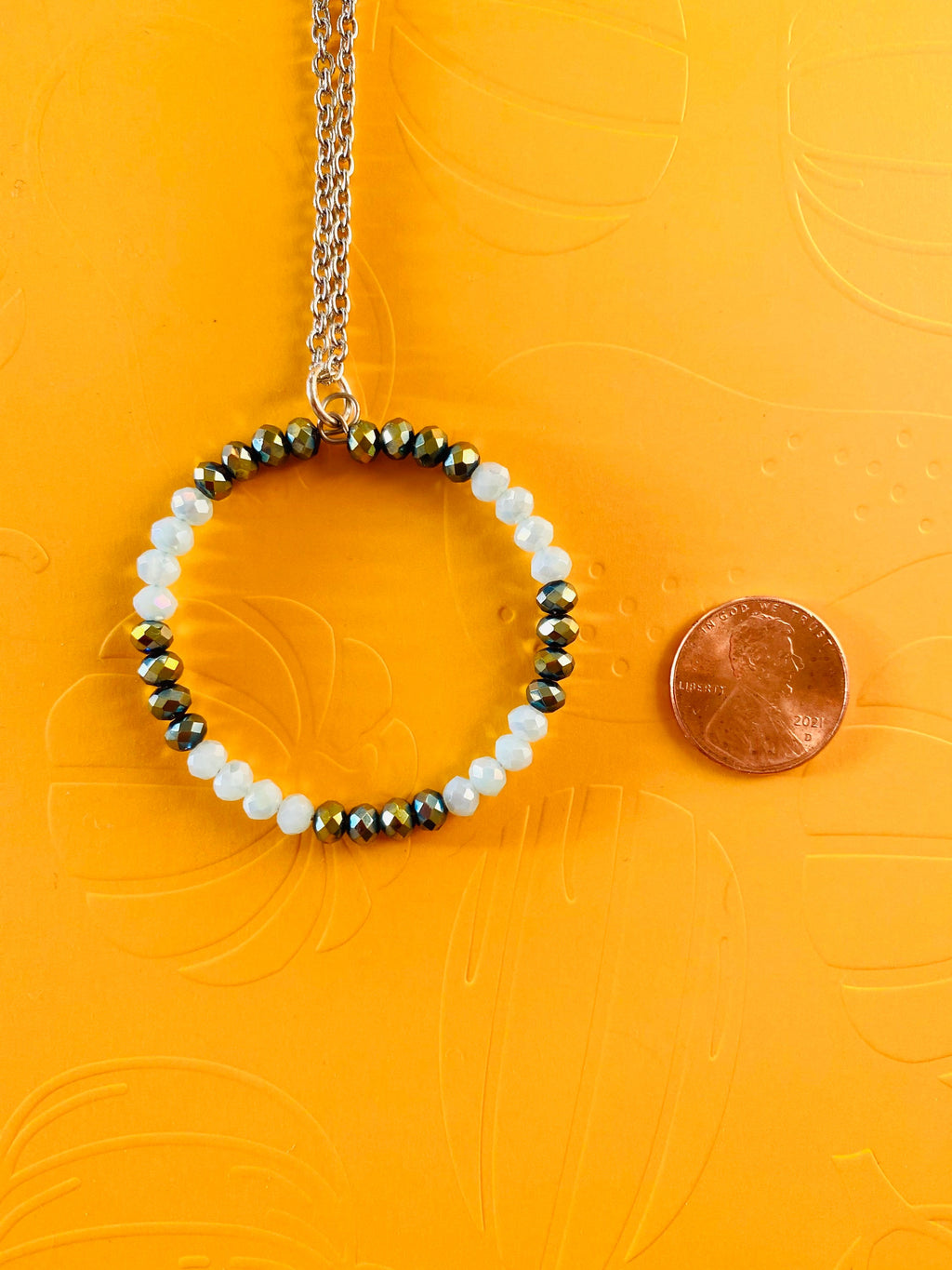 Crystal Circle Pendant Necklace, Silver Chain, Rondelle Beads