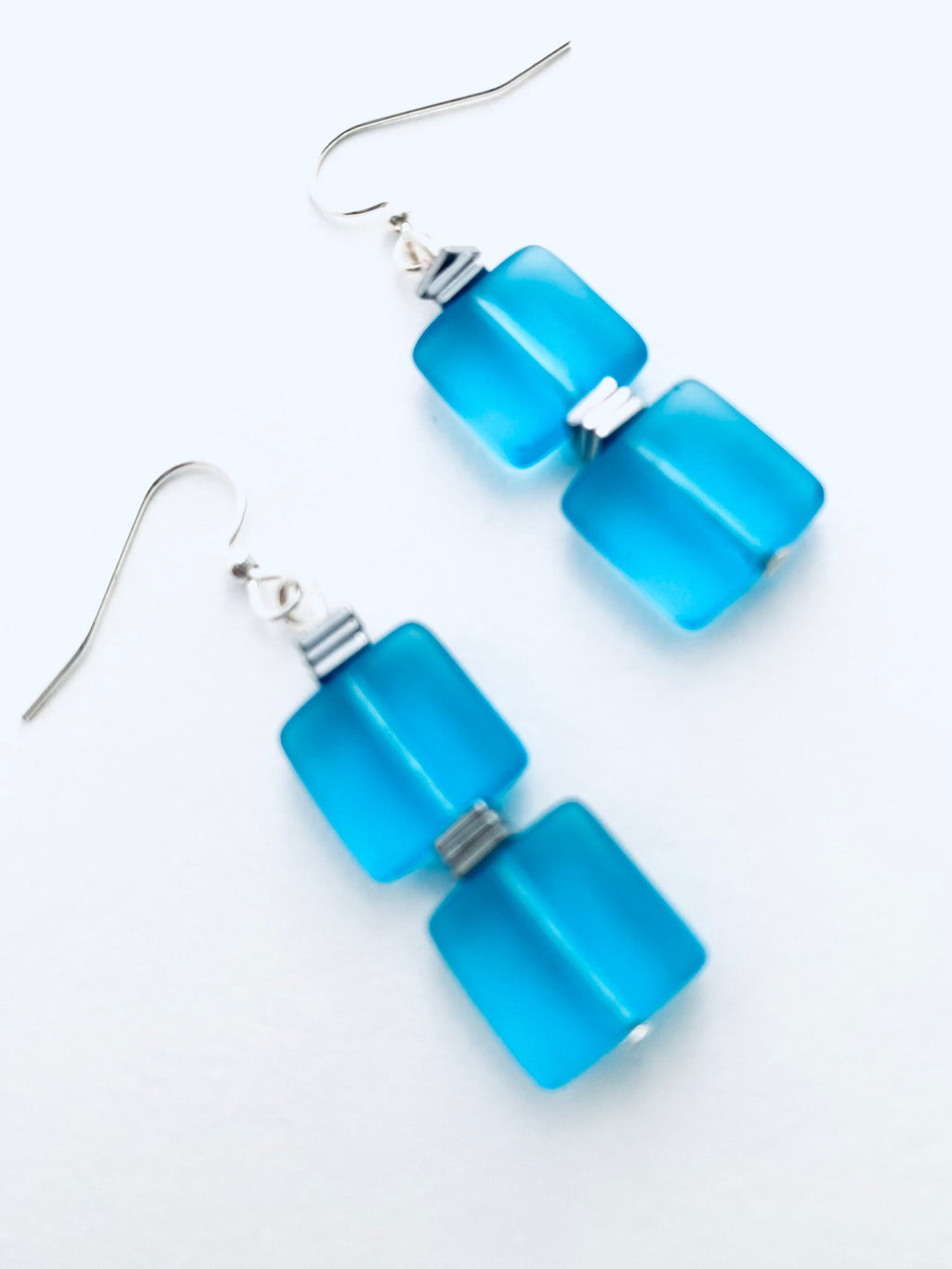Blue Sea Glass Earrings, Silver Accents, Sleek Square Drop