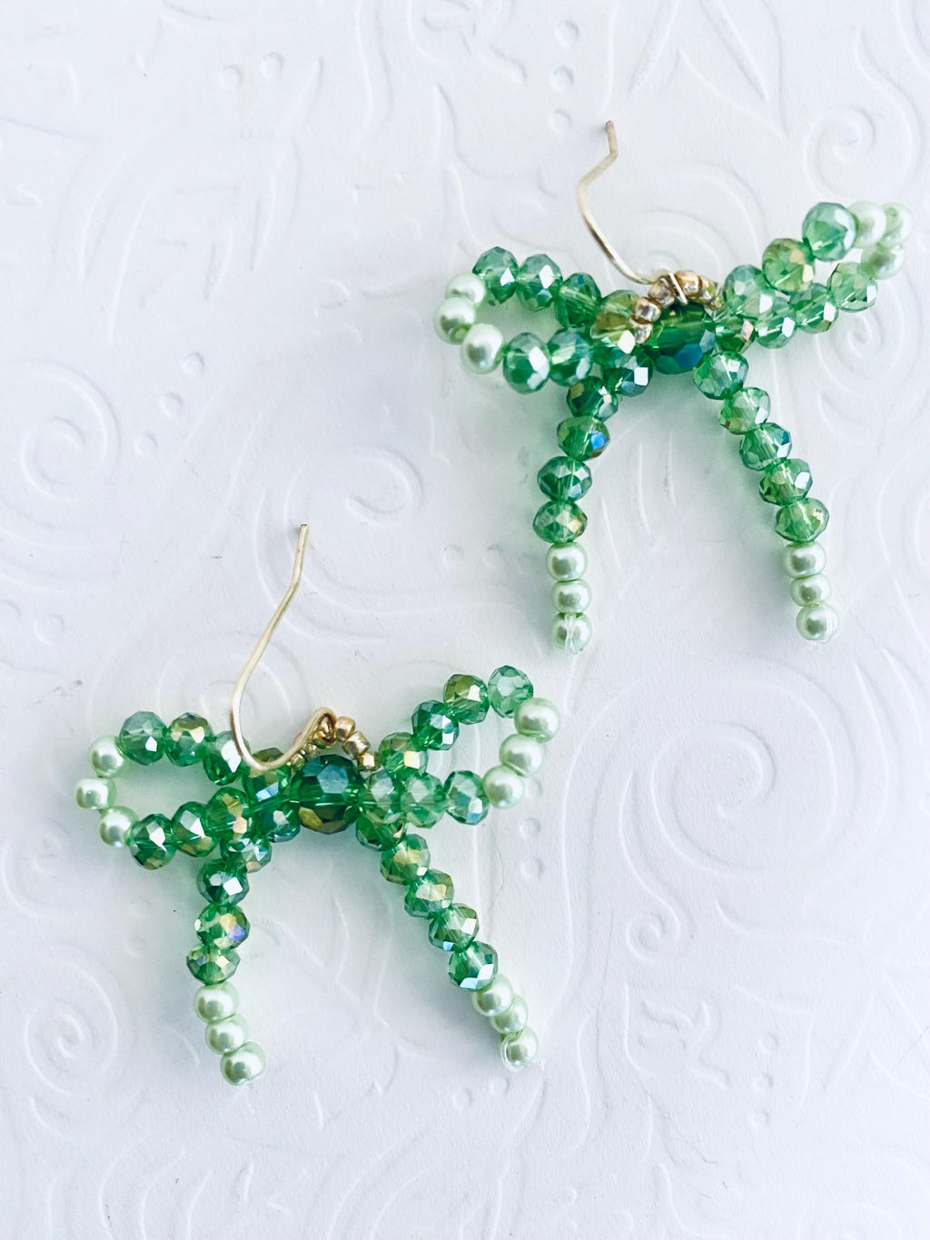 Handmade Green Crystal Bow Earrings, Beaded Dangle Earrings