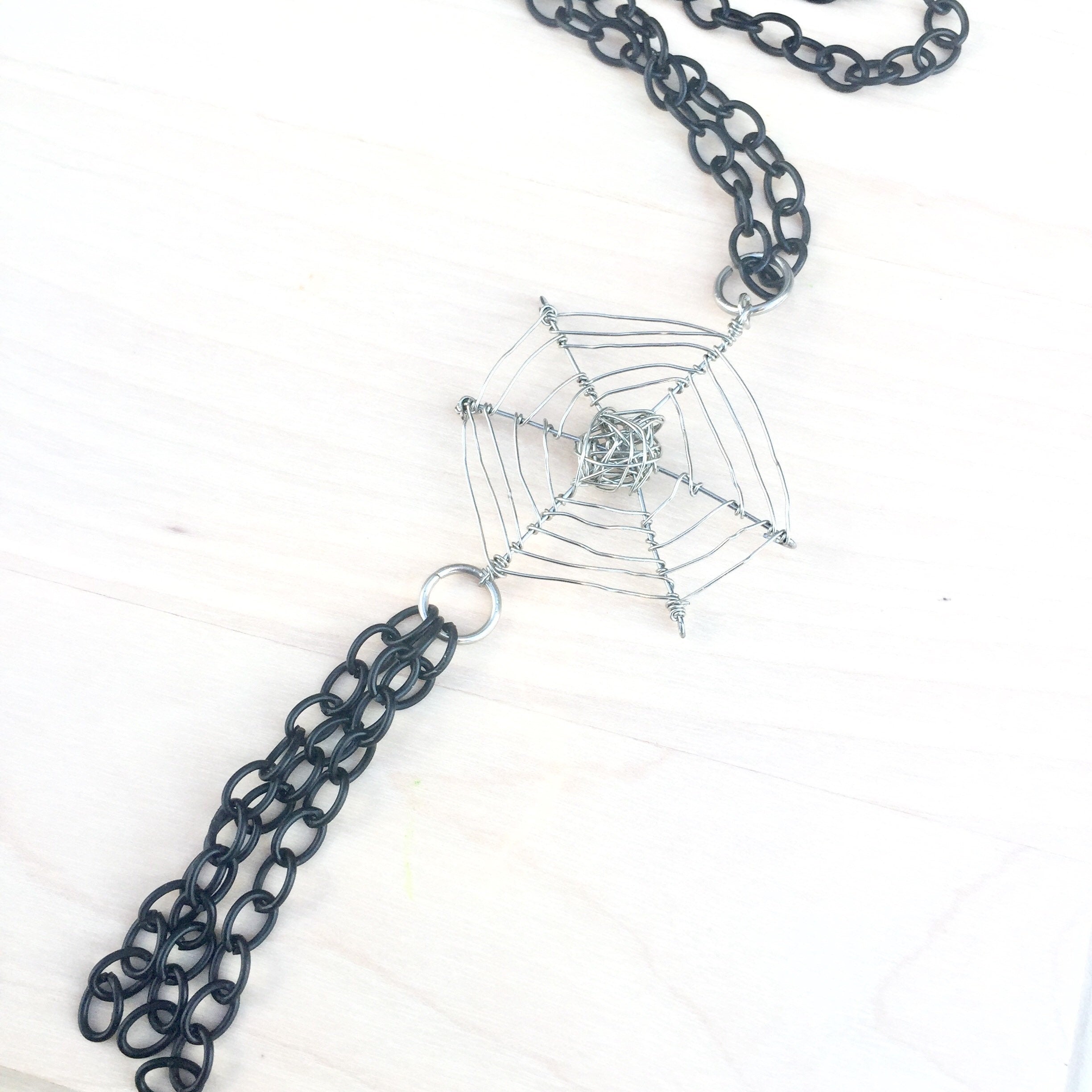 Halloween Spider Web Necklace, Silver Plated, Black Cable Chain