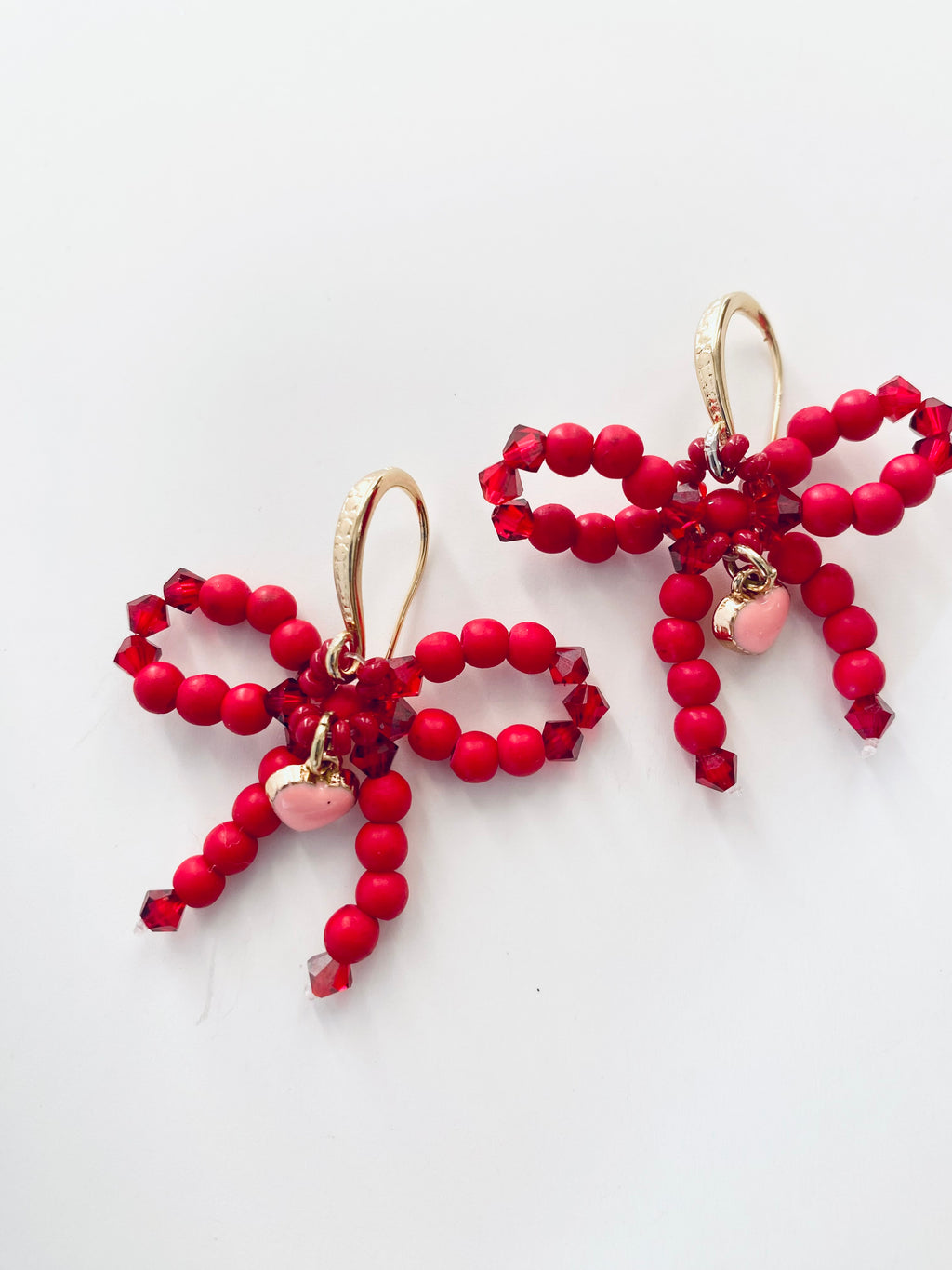 Red Beaded Bow Earrings Handmade in Chicago