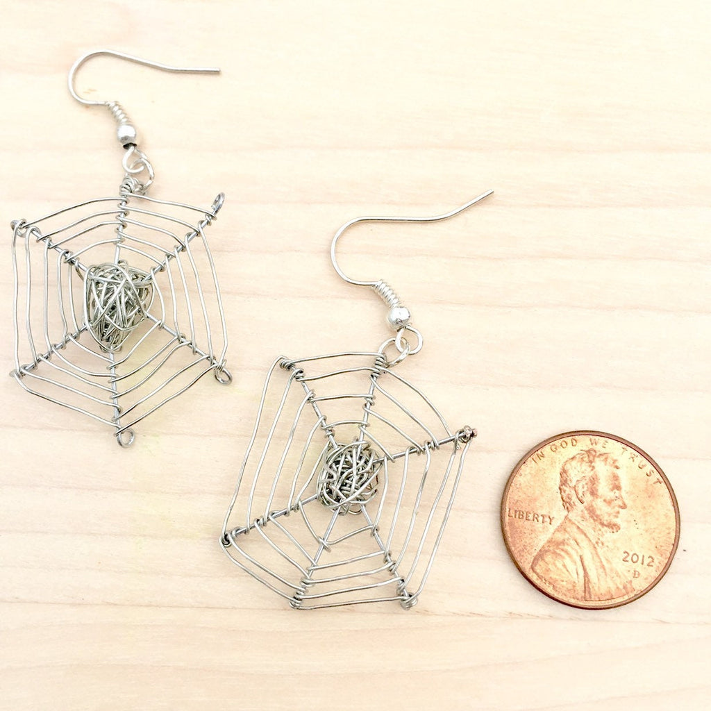 Silver Plated Wire Spider Web Earrings, Halloween Jewelry