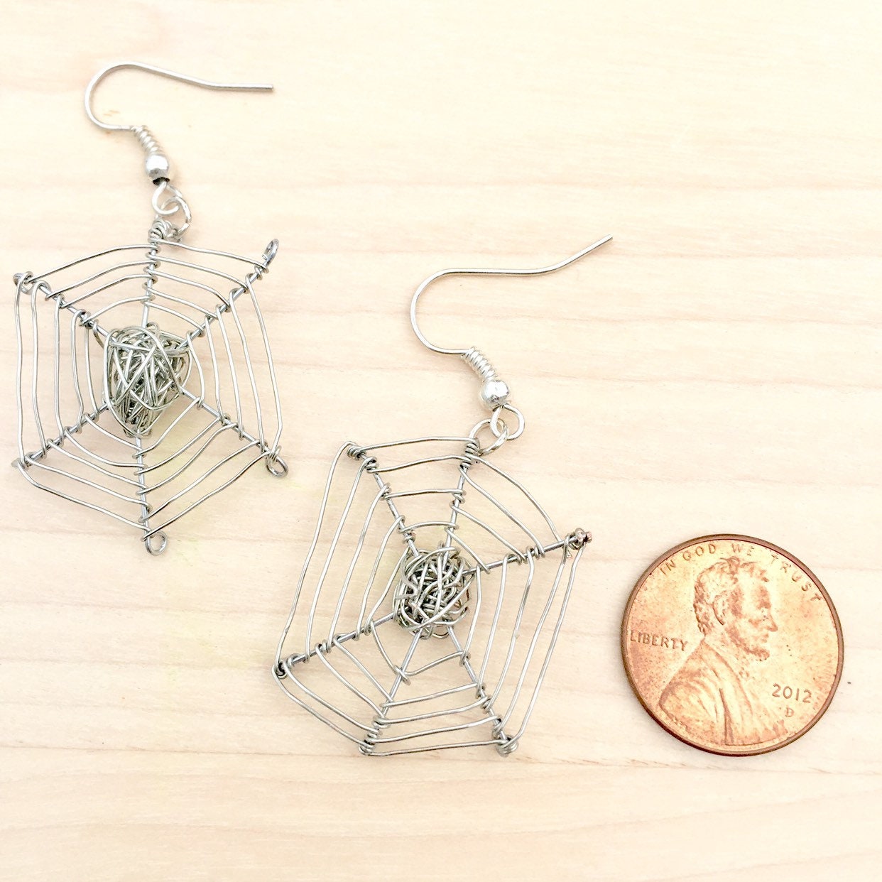 Silver Plated Wire Spider Web Earrings, Halloween Jewelry
