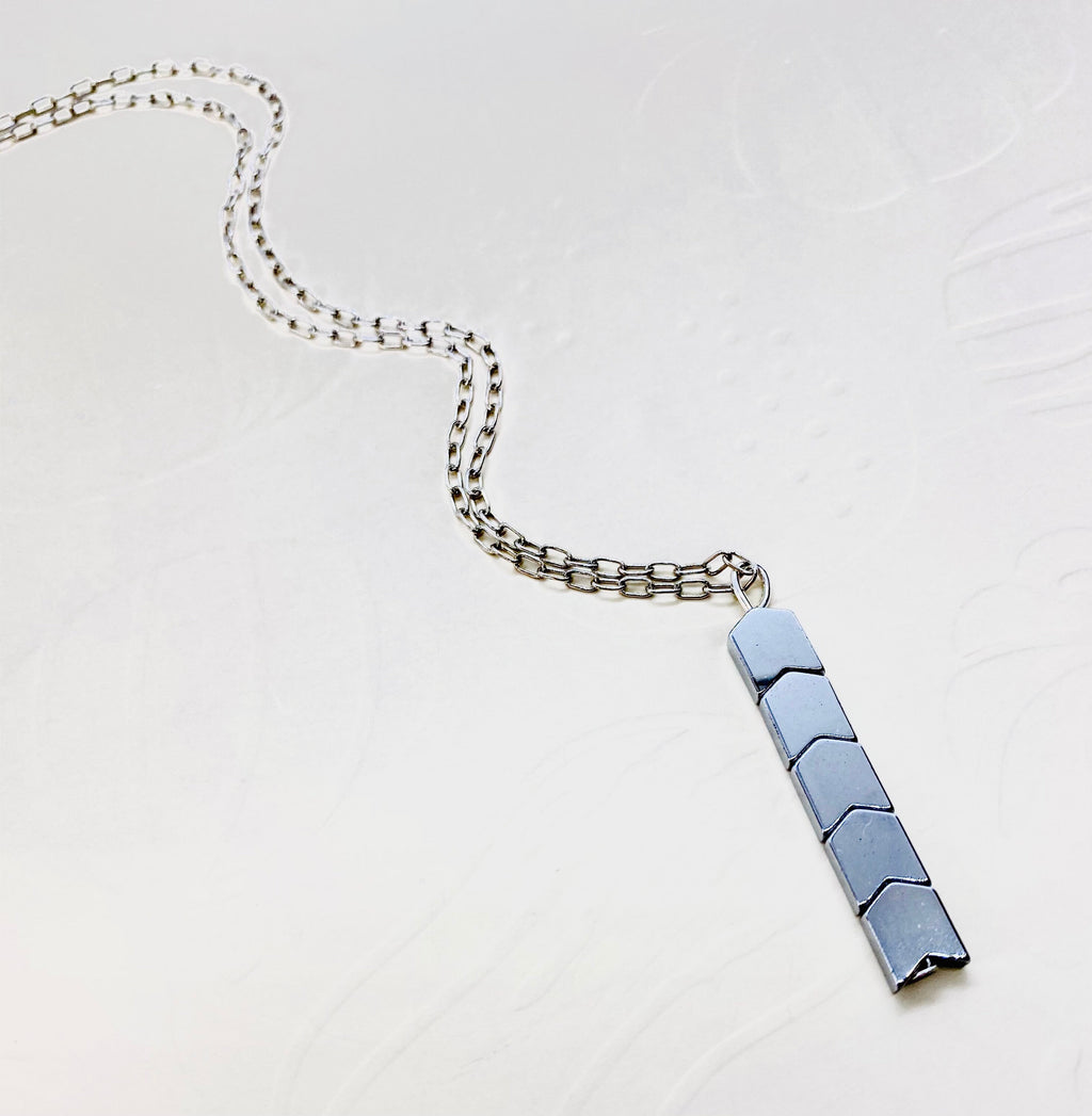 Hematite Pendant Necklace, Silver Plated Chain, Geometric Jewelry