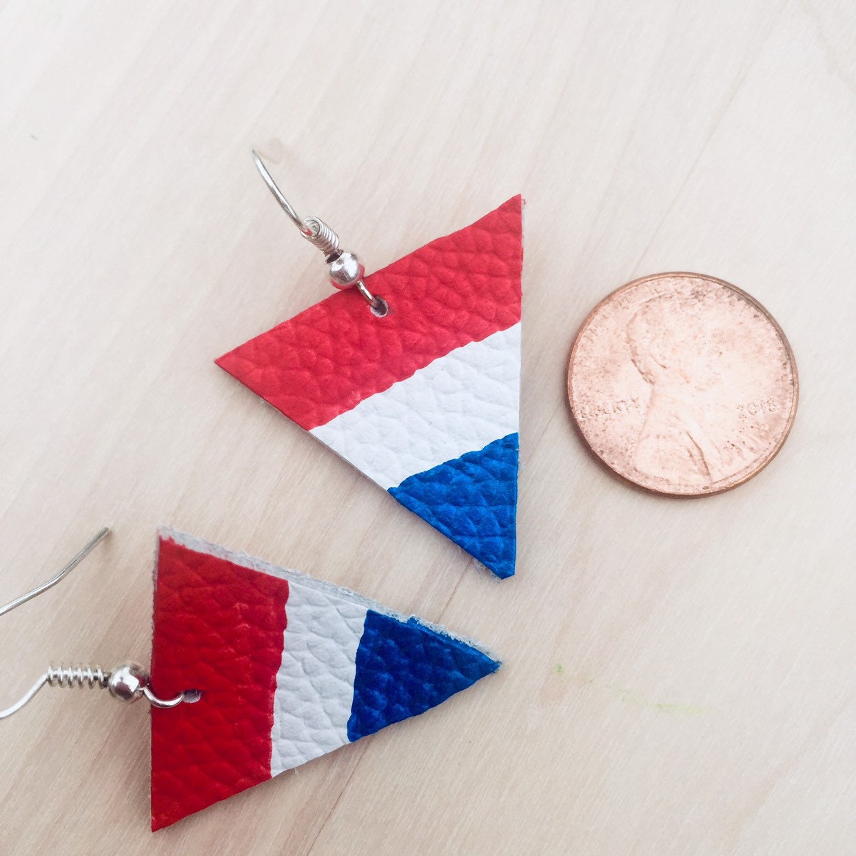 Handmade Leather Triangle Earrings, Red White Blue, Patriotic Jewelry