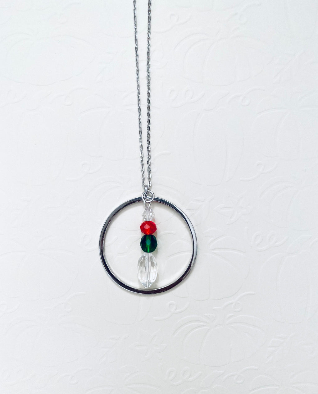 Festive Circular Pendant Necklace, Red Green Crystal Beads, 30 inch Silver Chain
