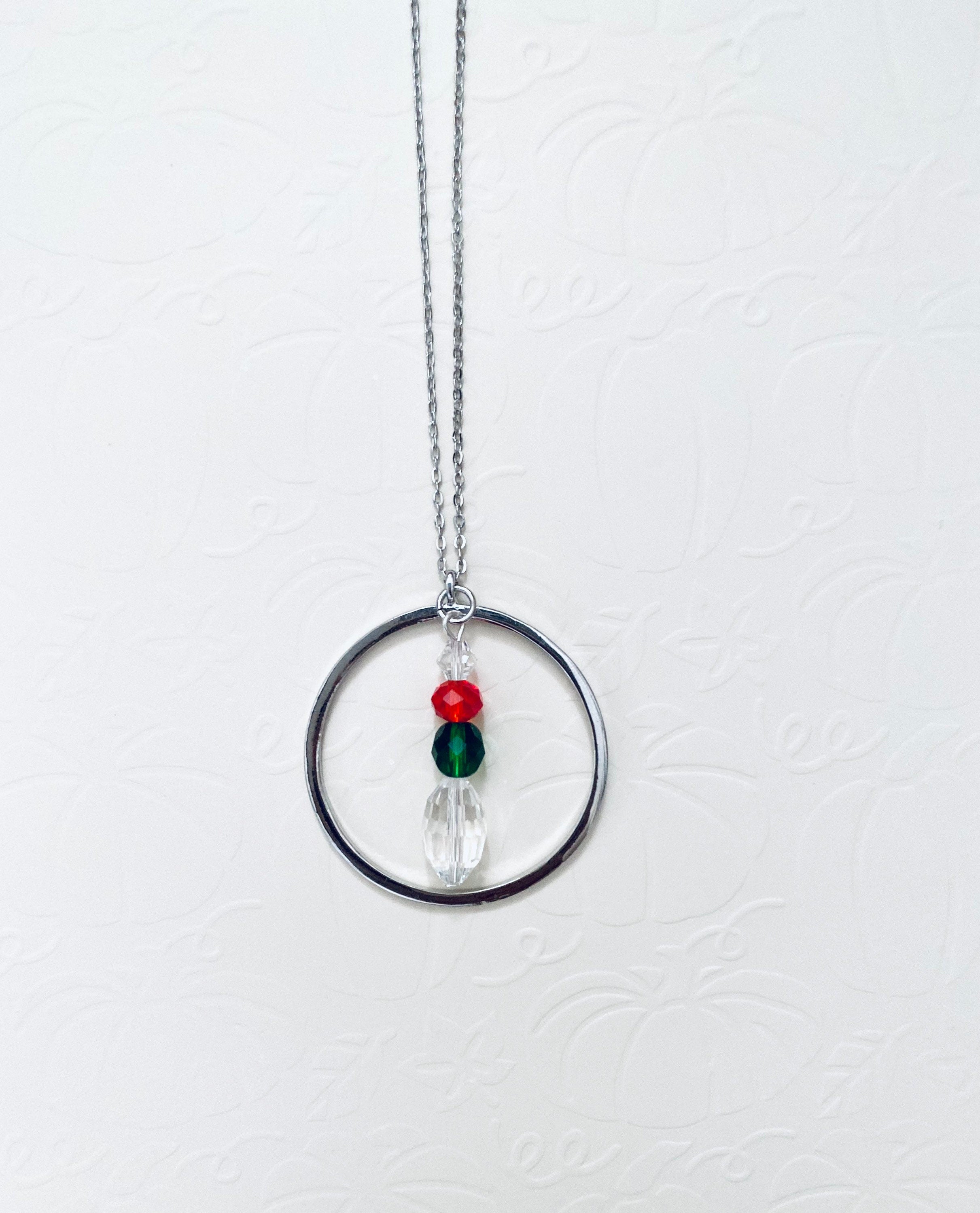 Festive Circular Pendant Necklace, Red Green Crystal Beads, 30 inch Silver Chain