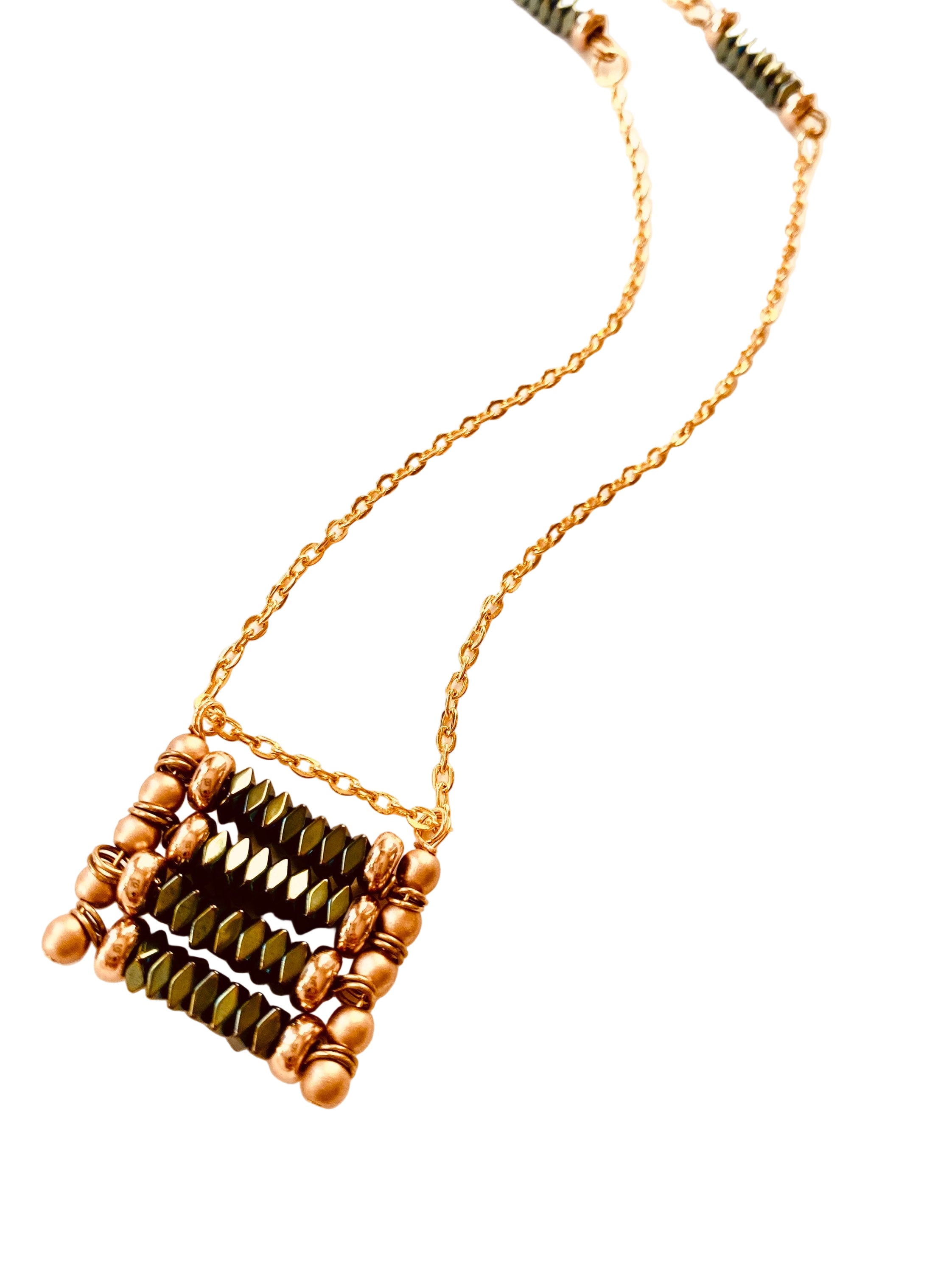 Rectangular Beaded Pendant Necklace, Green and Matte Gold, 30 inch