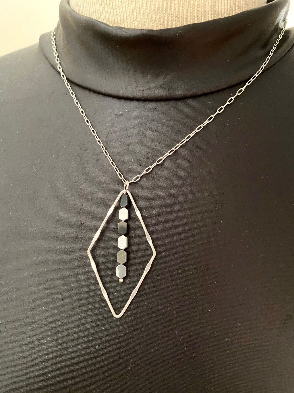 Dainty Silver Diamond Necklace, Black Hematite Beads, Two Tone