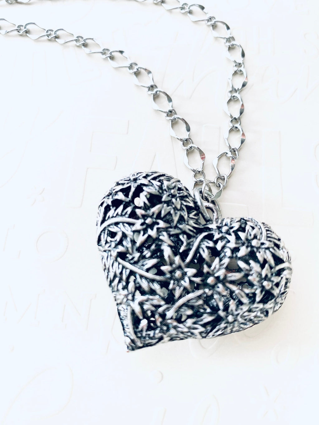 Flower Filigree Heart Pendant Necklace, Silver Plated Chain
