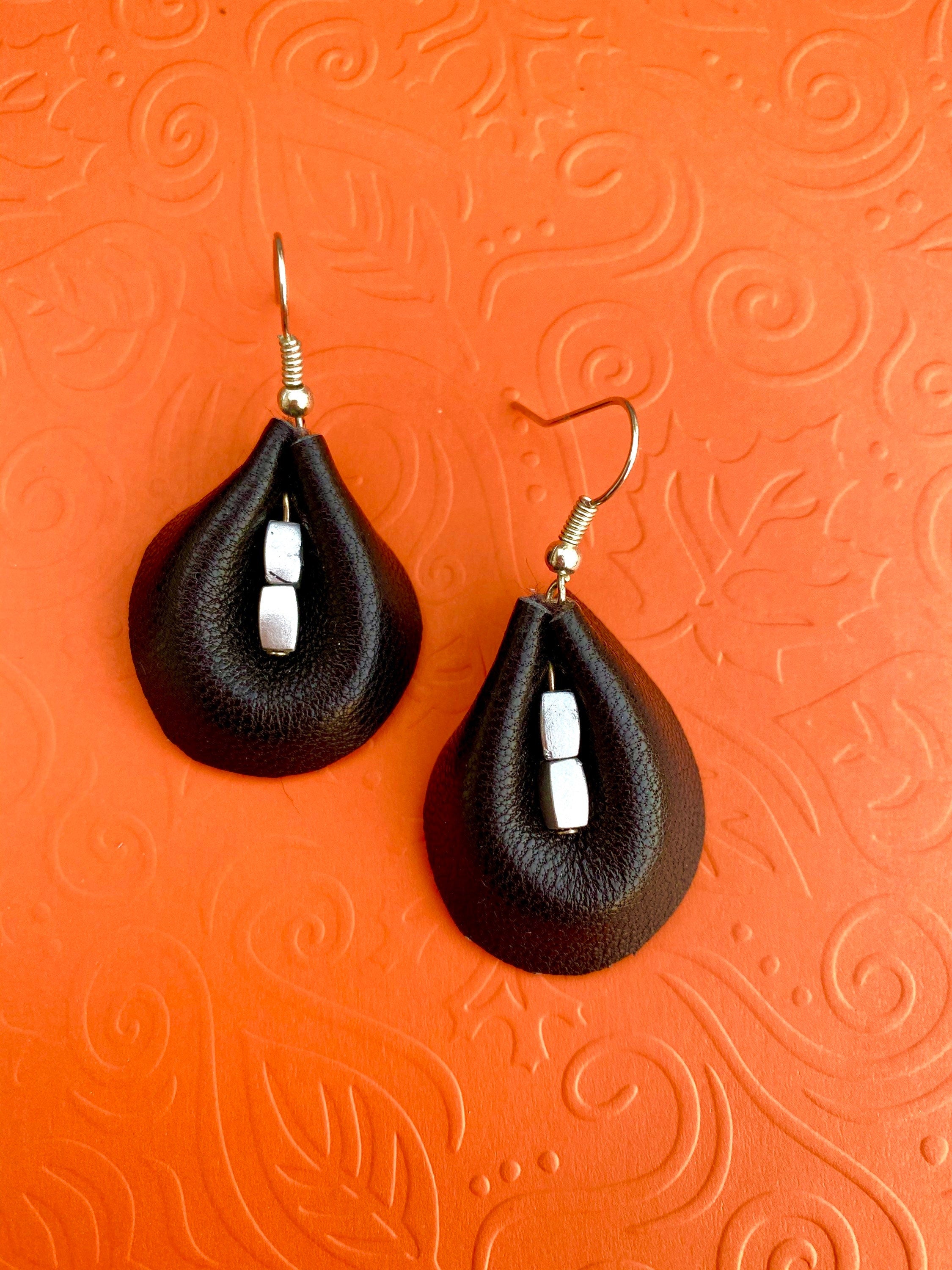 Black leather earrings, teardrop leather earrings, Fall leather earrings, black and silver leather earrings, sexy leather, gift ideas, soft