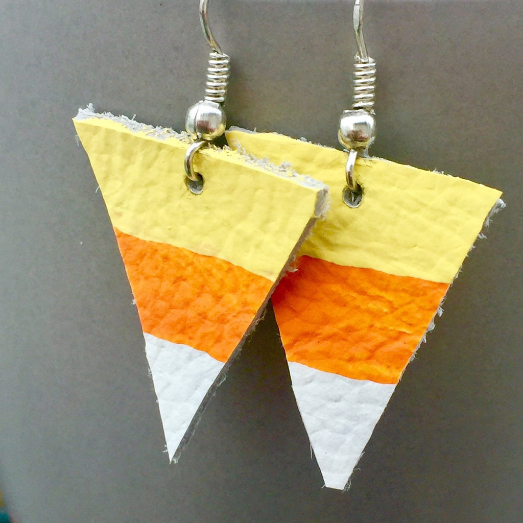 Candy Corn Leather Earrings, Hand-Painted Halloween Jewelry