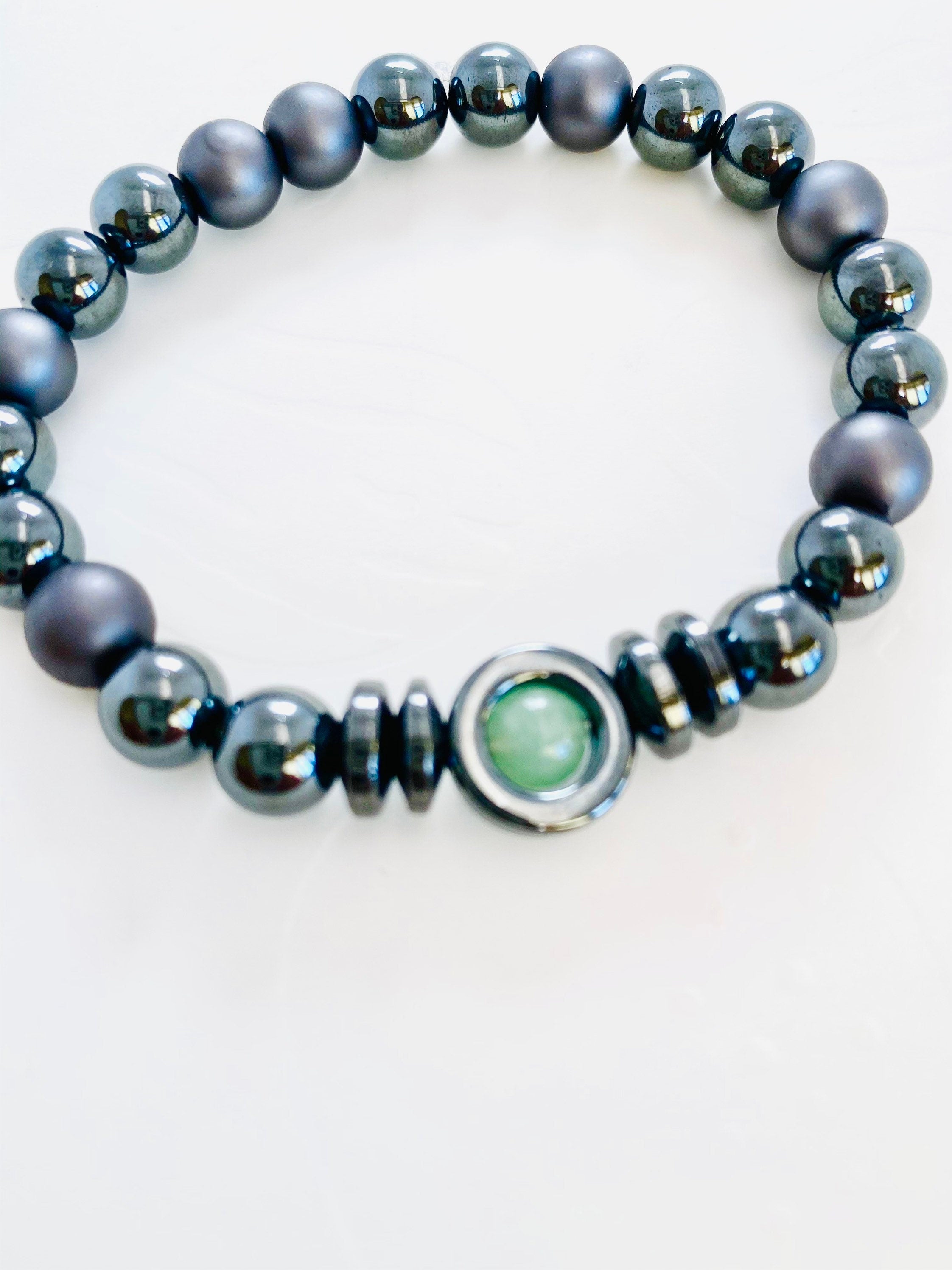 Jade Hematite Gemstone Stretch Bracelet, Unisex Healing Jewelry