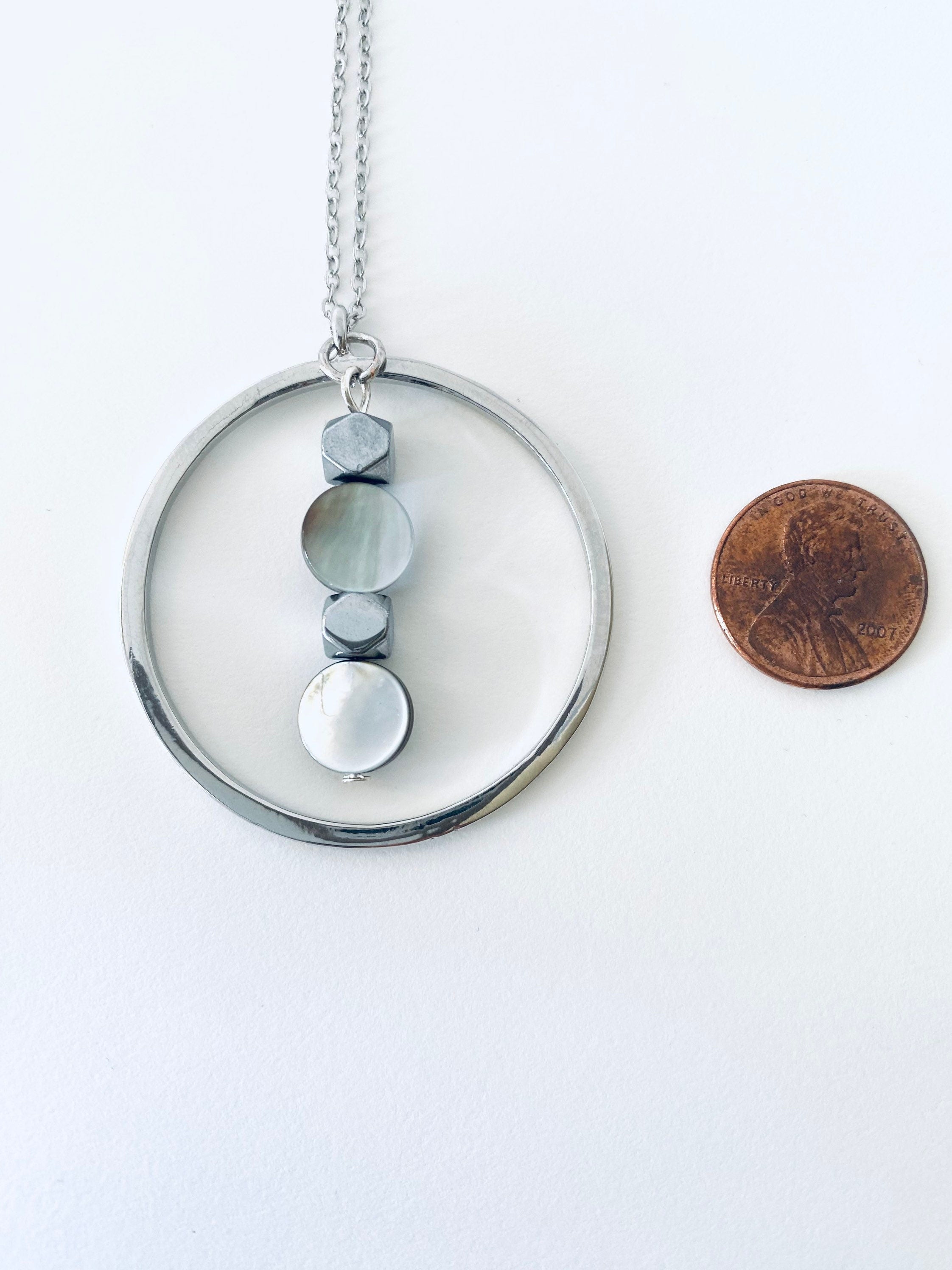 Iridescent Pearl Glass Pendant Necklace, Circular Silver Necklace, 30 inch