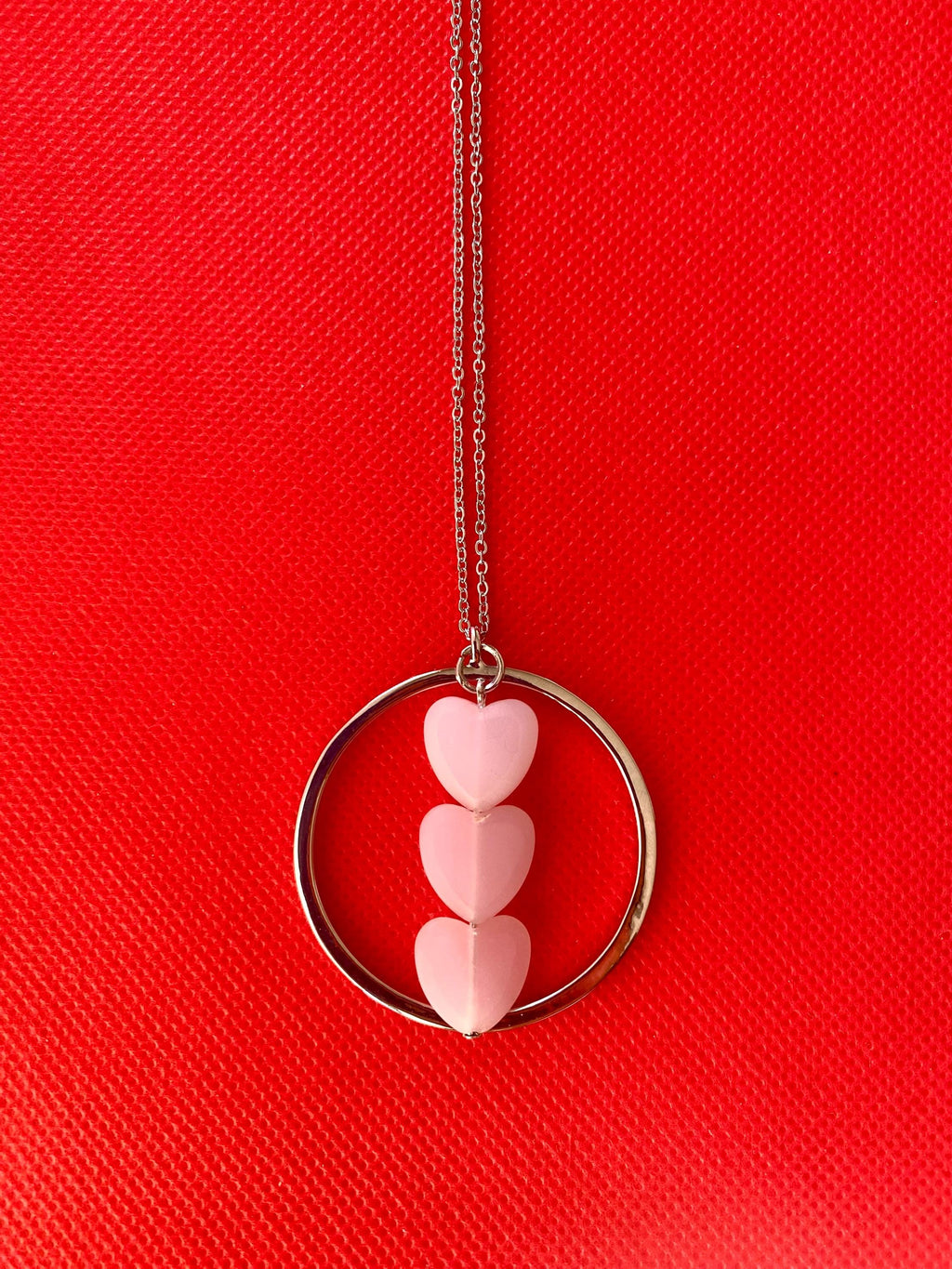 Pink Glass Heart Pendant Necklace, Silver Plated Chain, 30 Inch