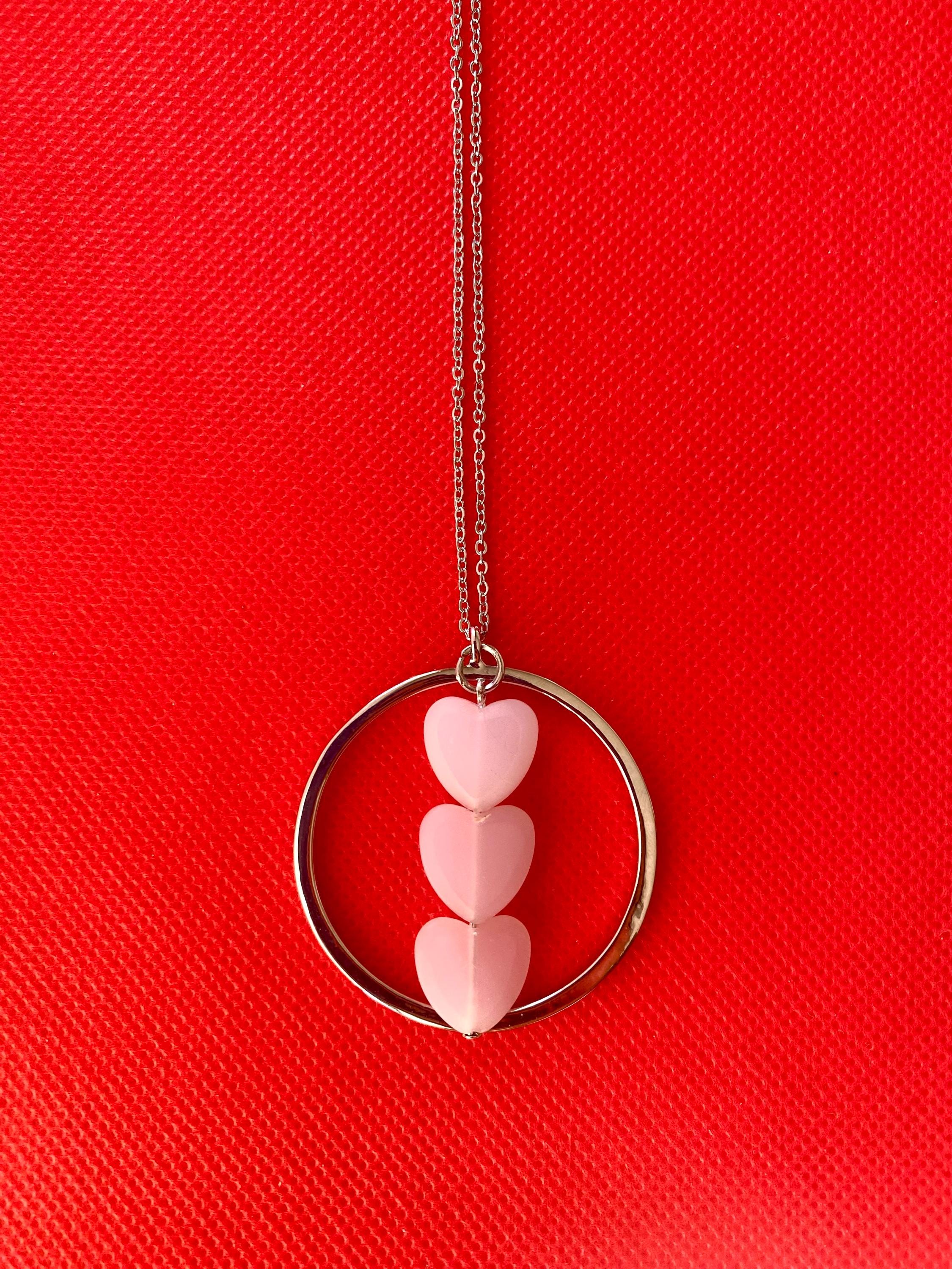 Pink Glass Heart Pendant Necklace, Silver Plated Chain, 30 Inch