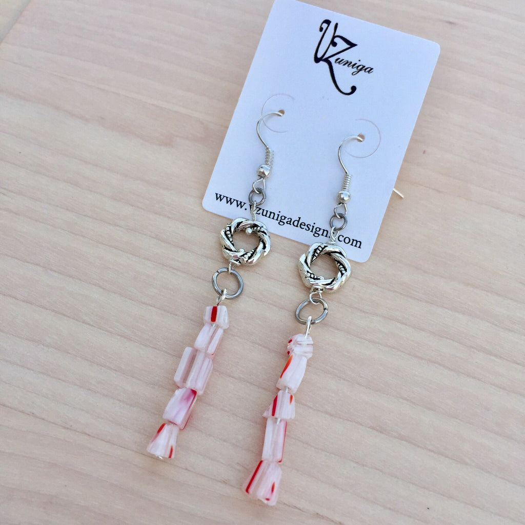Handmade Candy Cane Glass Bead Earrings, Christmas Holiday Jewelry