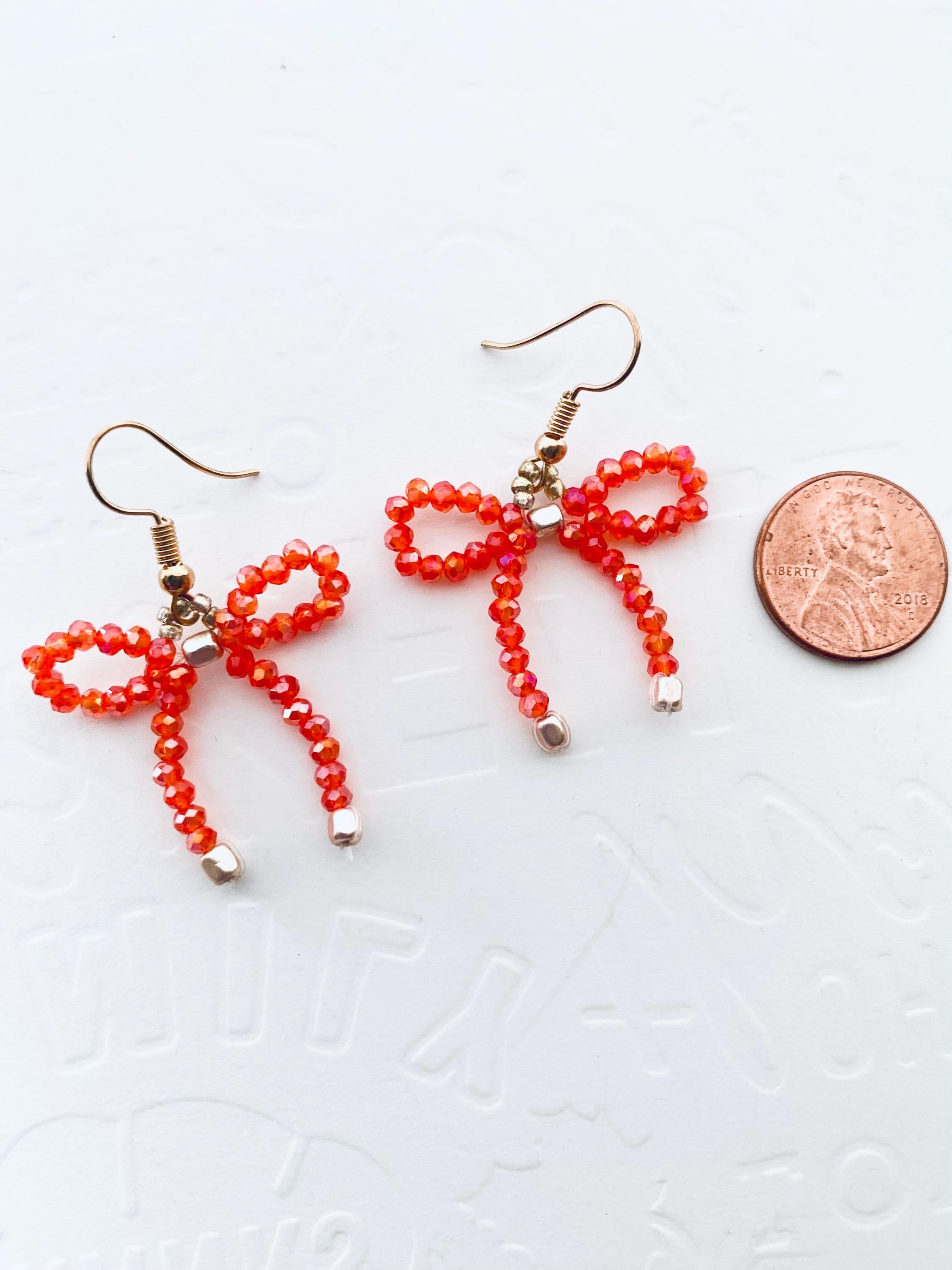 Halloween Crystal Bow Earrings, Orange Beaded Festive Jewelry