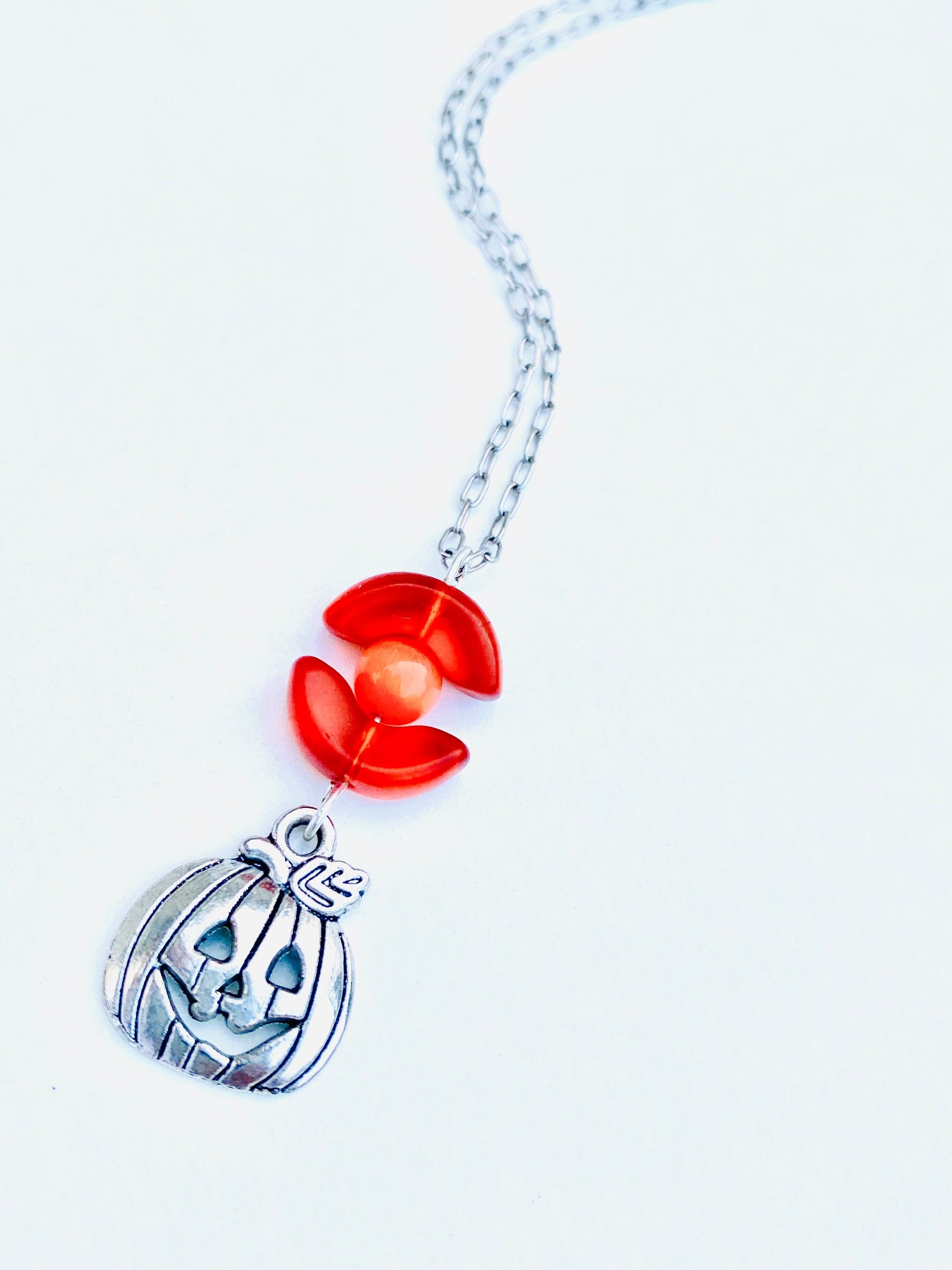 Festive Halloween Pumpkin Pendant Necklace, Orange Beads, Silver Plated Chain