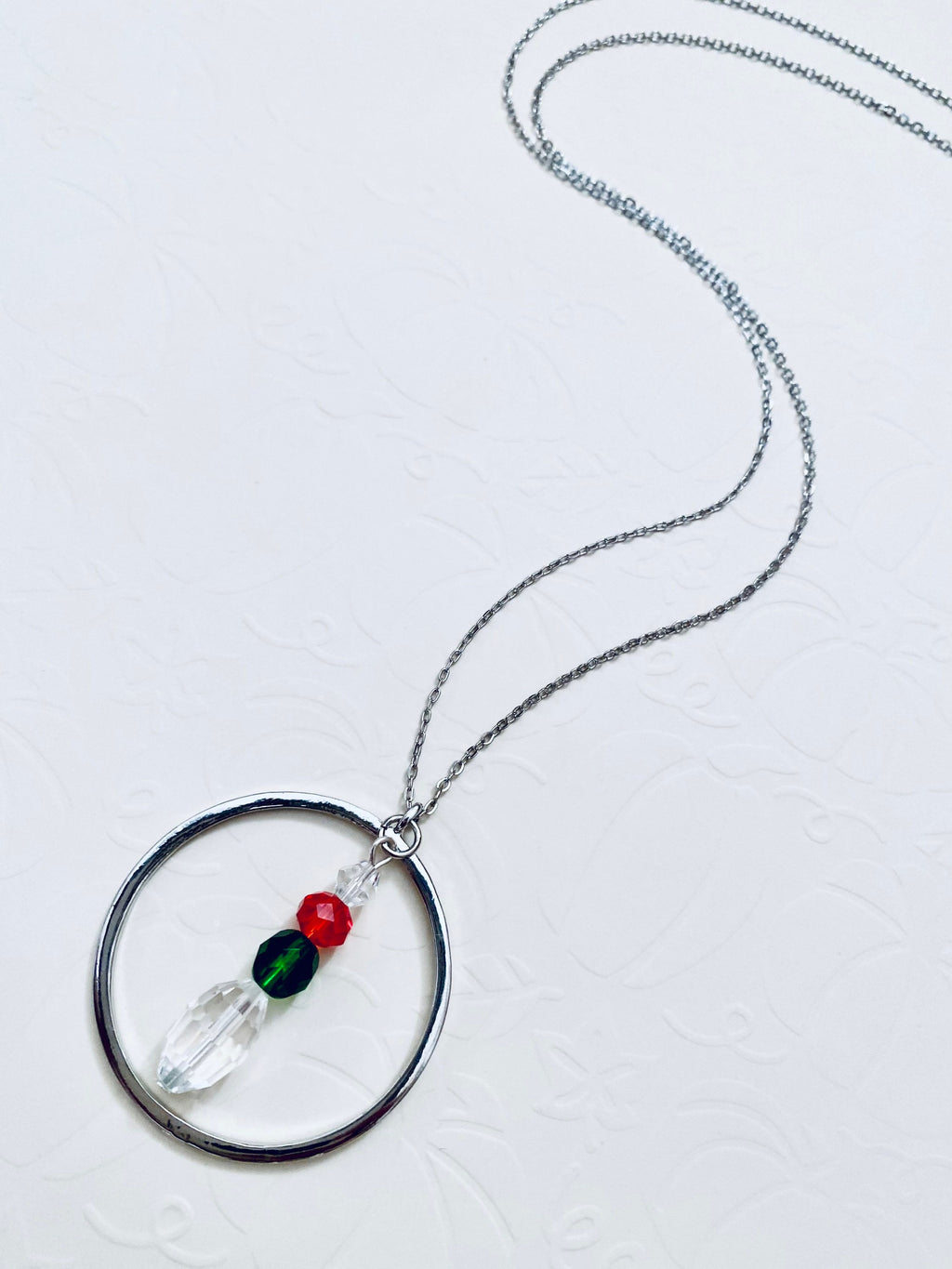 Festive Circular Pendant Necklace, Red Green Crystal Beads, 30 inch Silver Chain