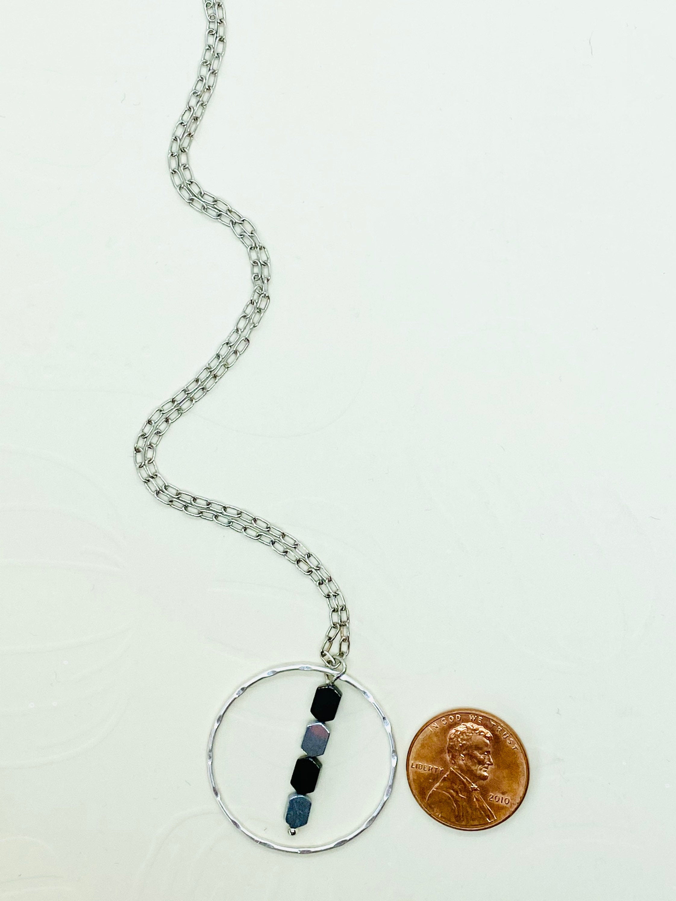 Circular Pendant Necklace, Silver & Black Hematite Beads