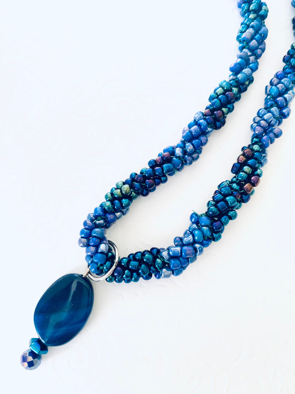 Iridescent Blue Beaded Spiral Necklace, Handmade Elegant Pendant