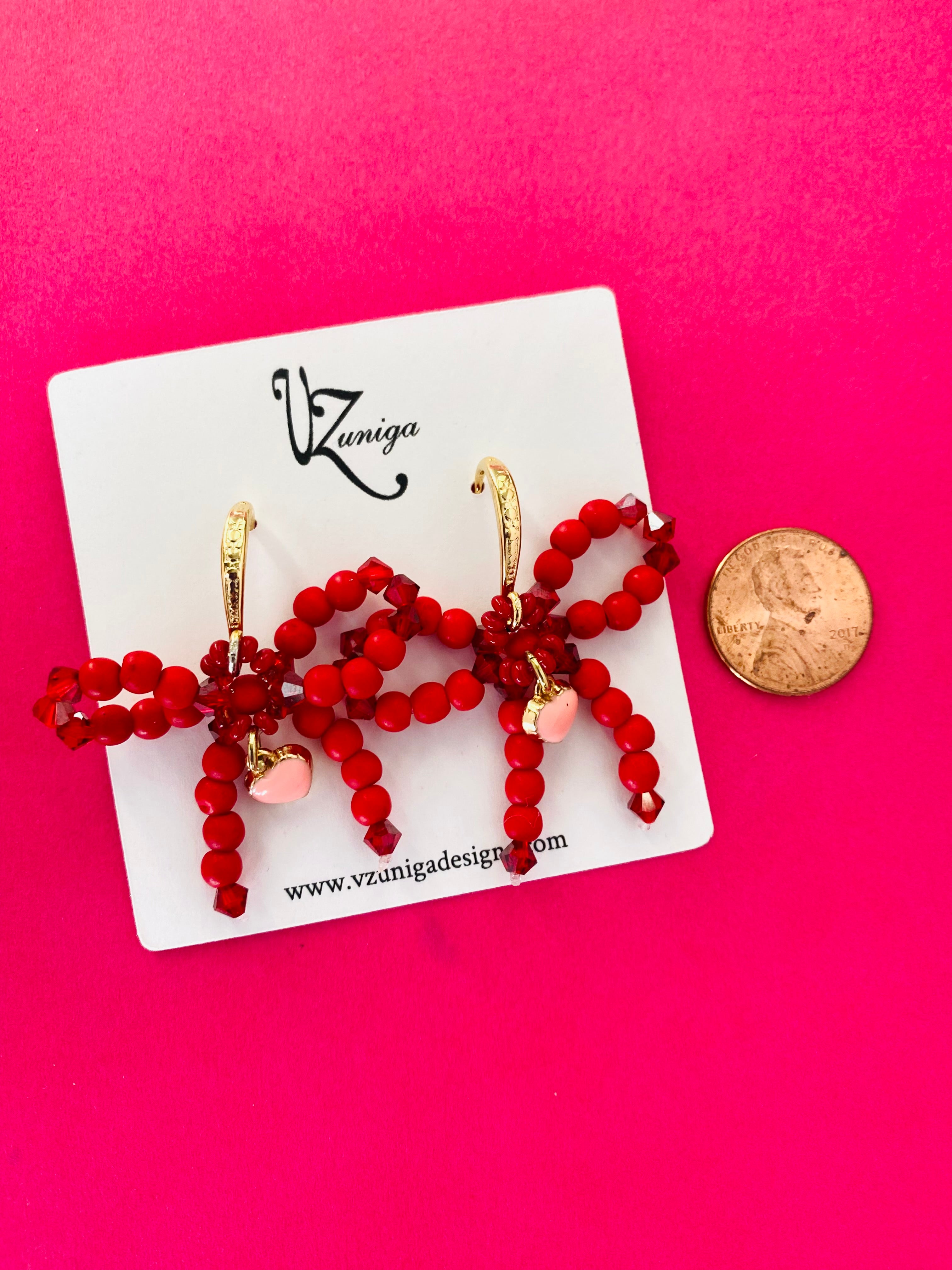 Red Beaded Bow Earrings Handmade in Chicago