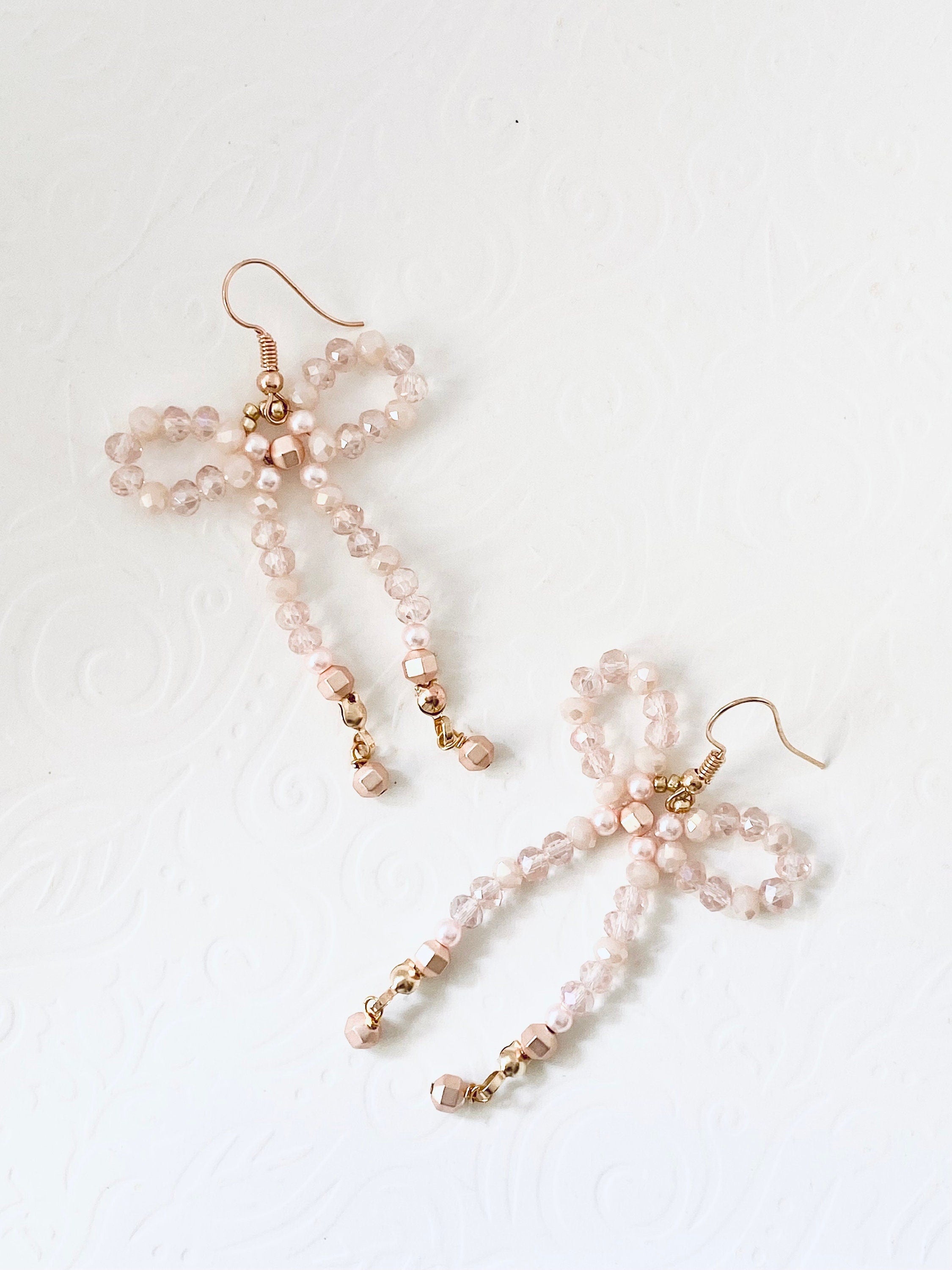Handmade Cream Crystal Bow Earrings, Festive Gold Hooks